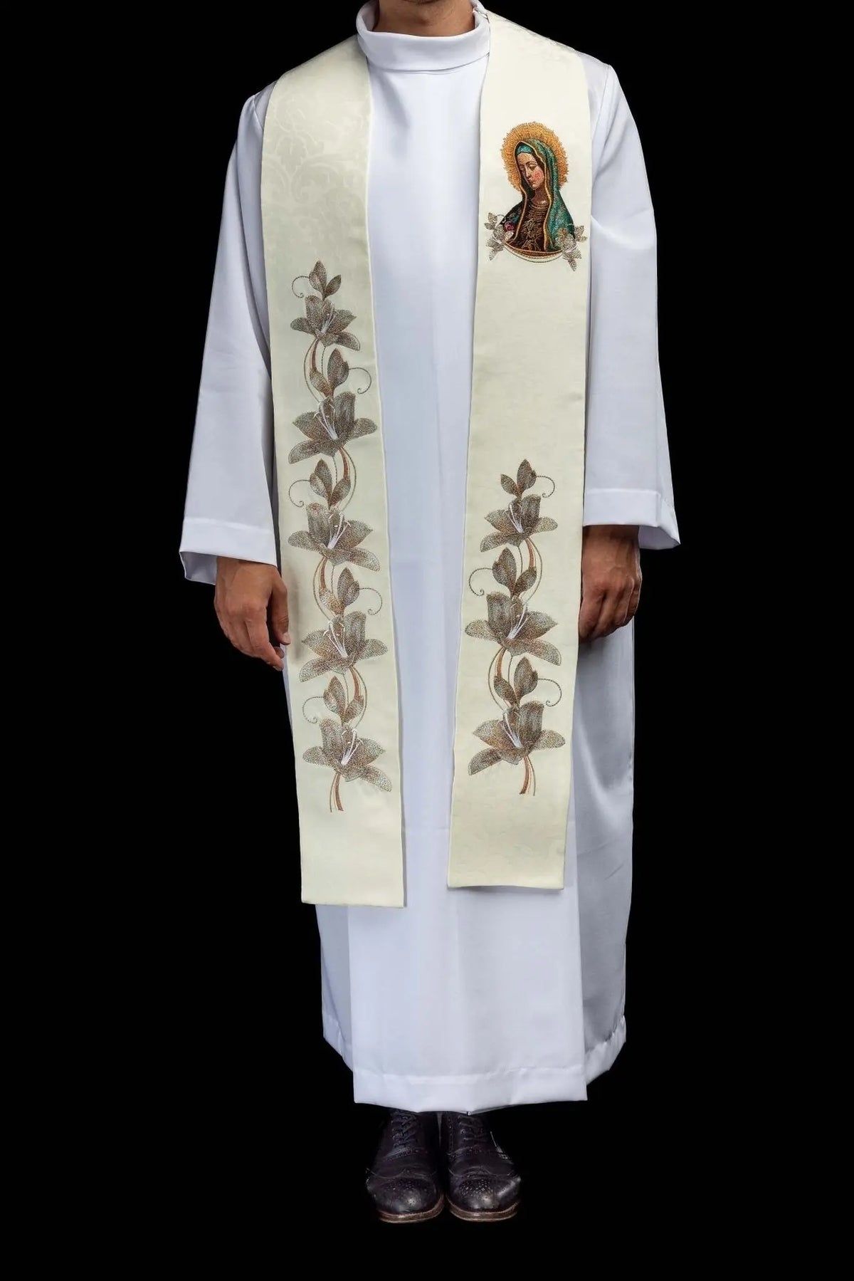 Ecru stole with embroidered image of Our Lady of Guadalupe, front view
