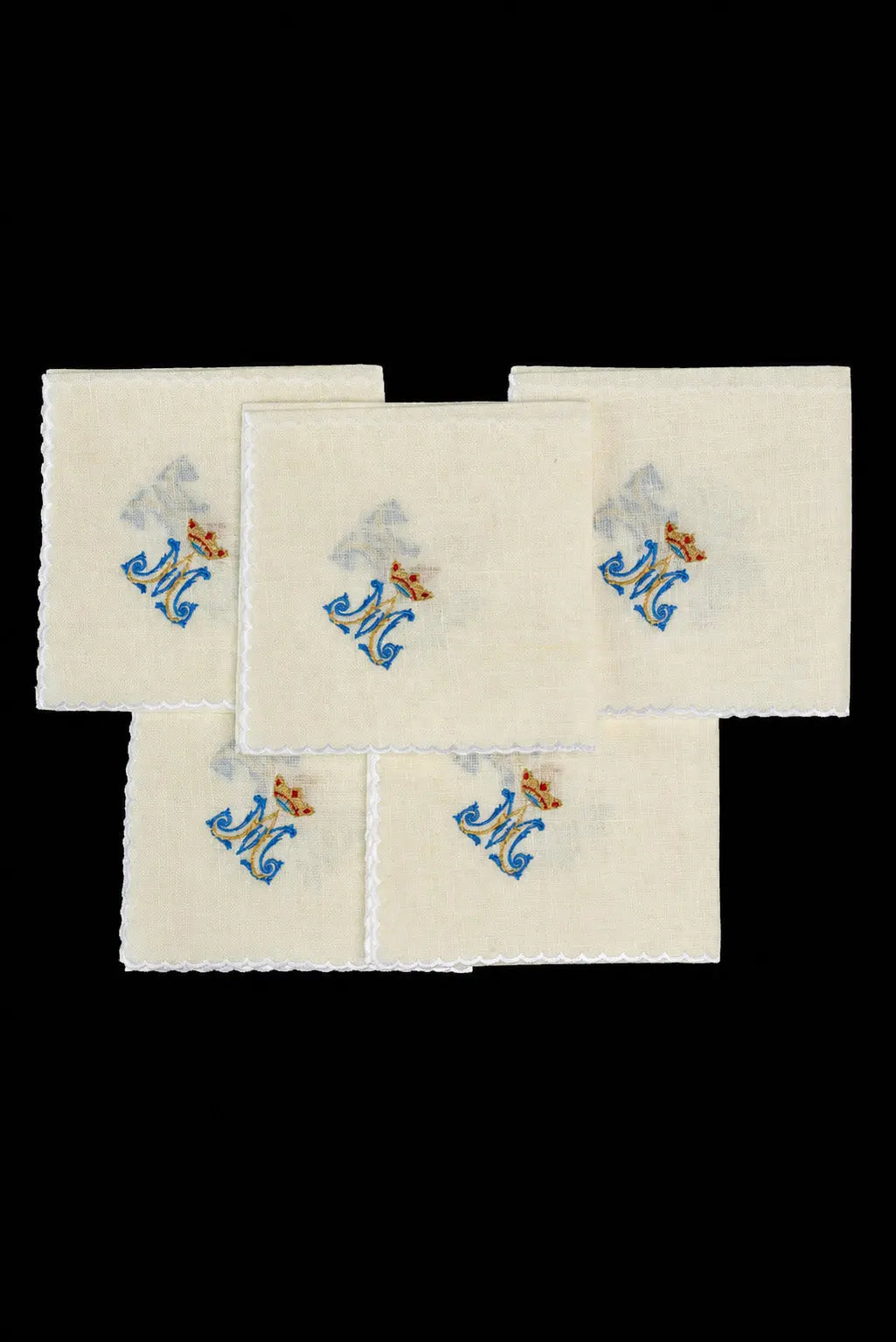 Set de 5 corporales de lino con bordado mariano