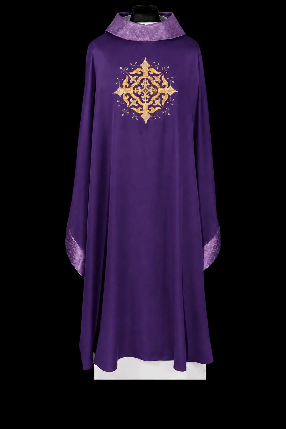 Purple liturgical chasuble with an embroidered cross, front view