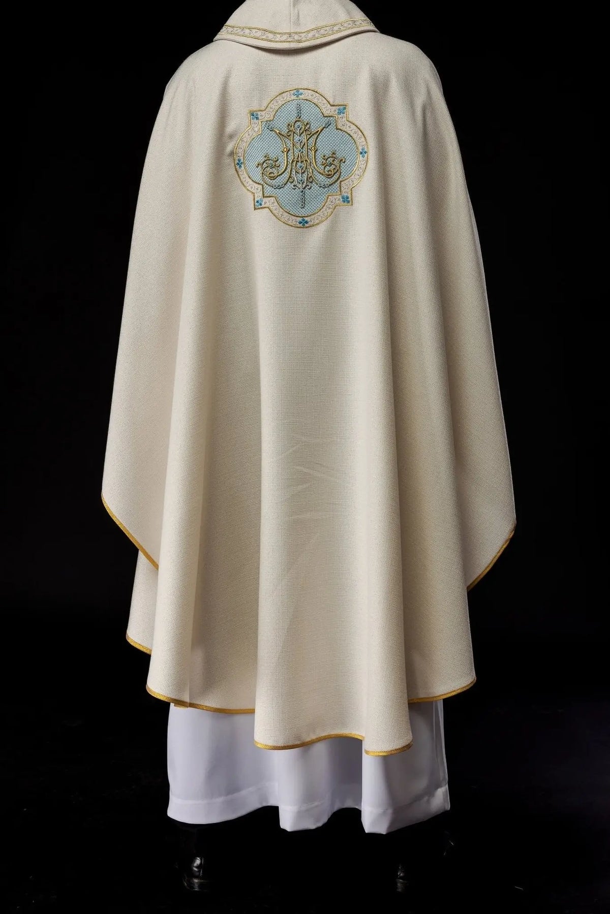 Ecru Marian chasuble with embroidered Marian motif, full back view