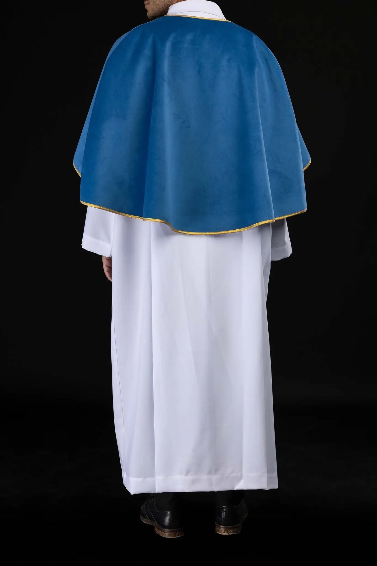 Blue altar server cape with gold trim, back view