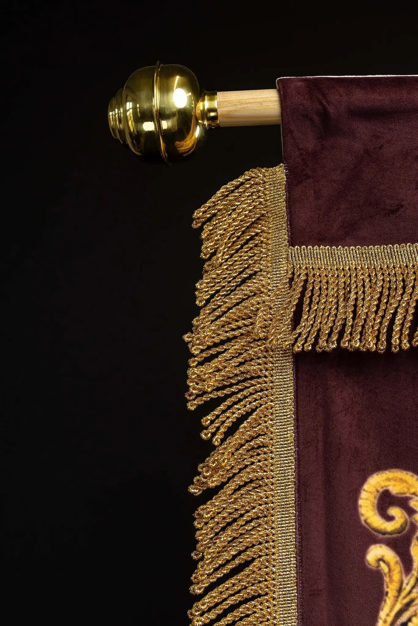 Double-sided printed processional banner featuring the Sacred Heart of Jesus on one side and an IHS chalice with host on the other, with gold ornaments and burgundy accents.
