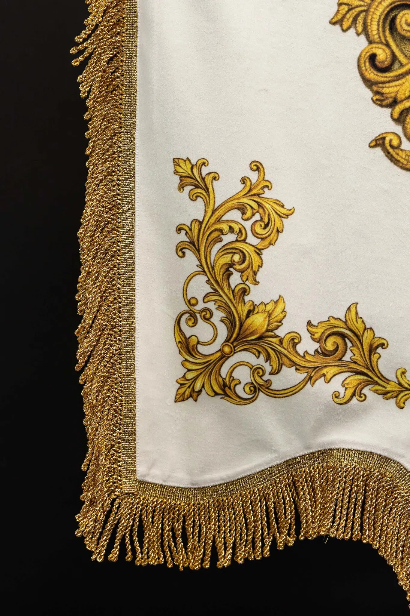 Double-sided printed Marian banner featuring the Immaculate Heart of Mary on one side and a Marian monogram 'M' on the other, with gold ornamentation and crowns.