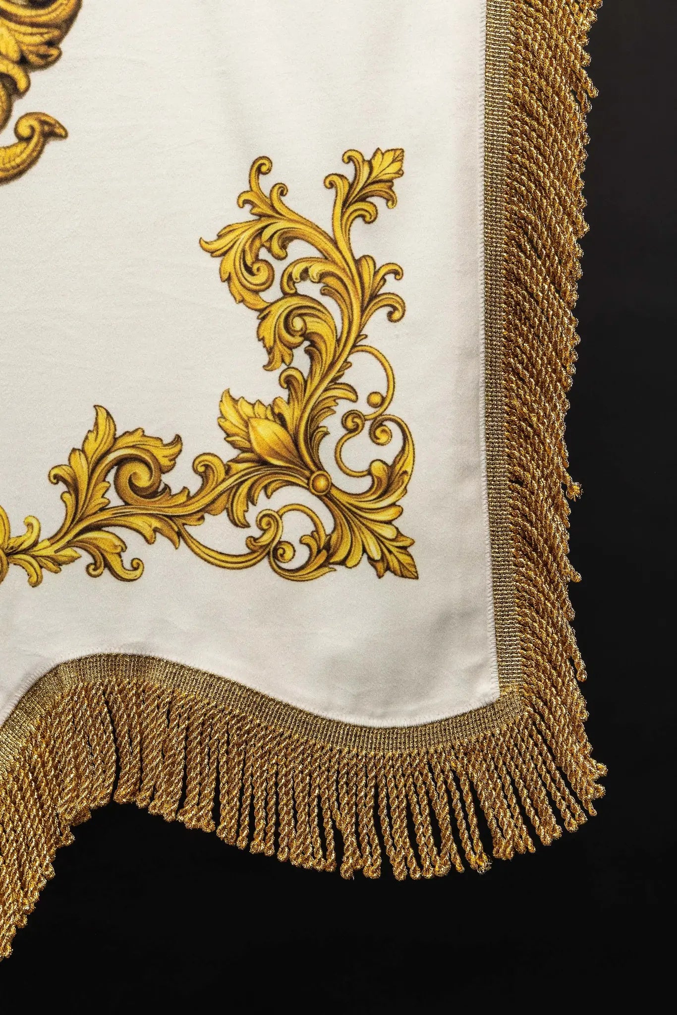 Double-sided printed Marian banner featuring the Immaculate Heart of Mary on one side and a Marian monogram 'M' on the other, with gold ornamentation and crowns.