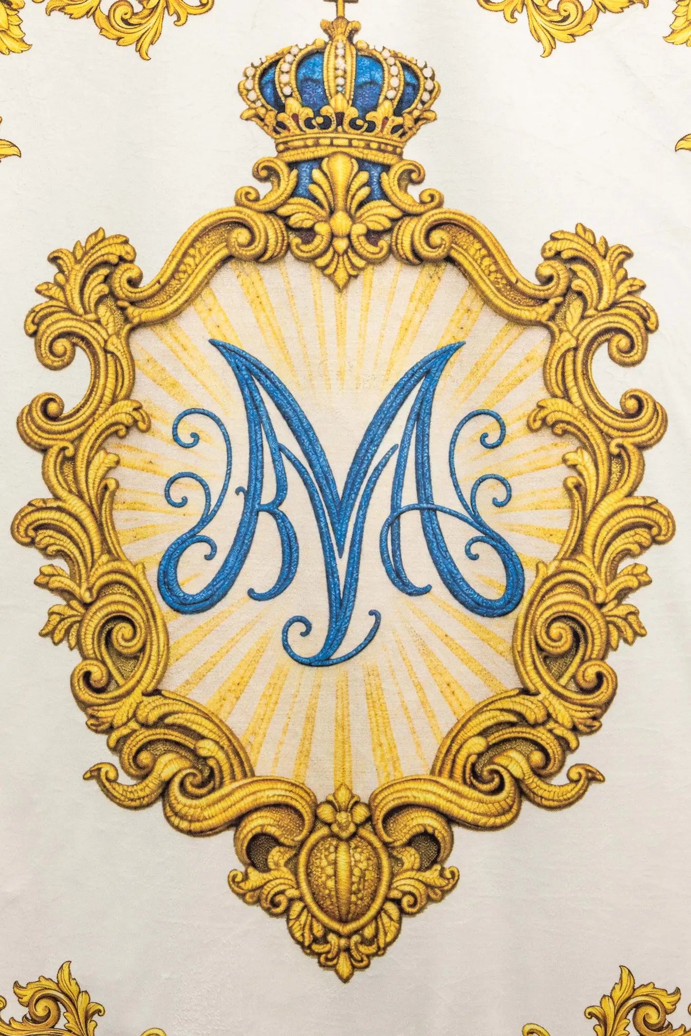 Double-sided printed Marian banner featuring the Immaculate Heart of Mary on one side and a Marian monogram 'M' on the other, with gold ornamentation and crowns.