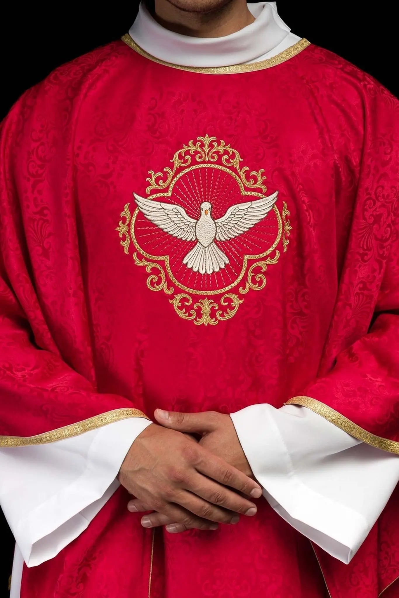 Embroidered liturgical chasuble with the Holy Spirit on jacquard fabric