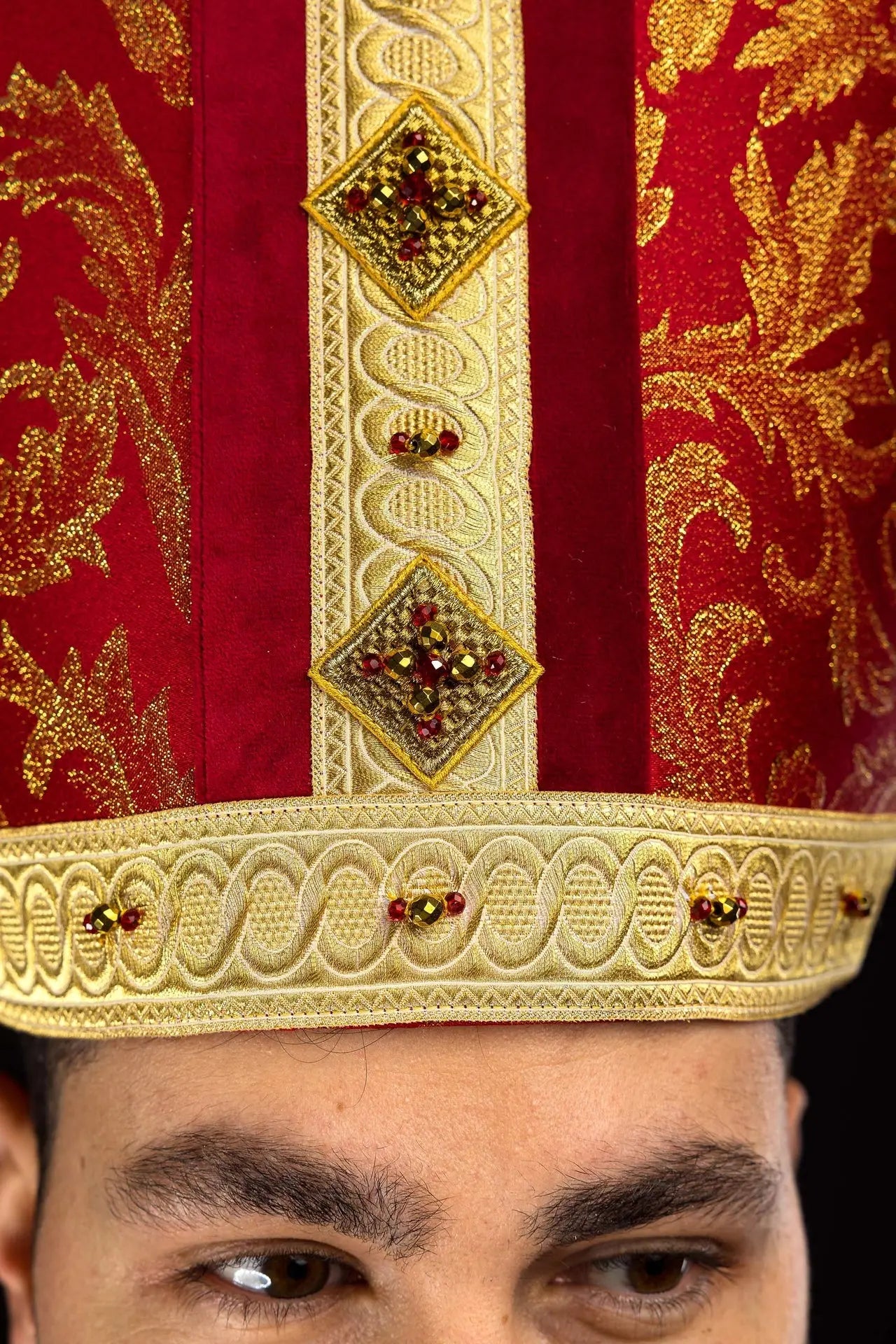 Handmade Red Bishop’s Mitre with Natural Stones and Gold Detailing