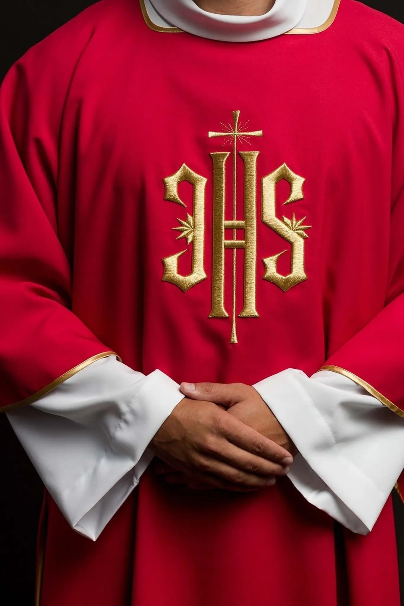 Red Dalmatics with embroidered gold IHS