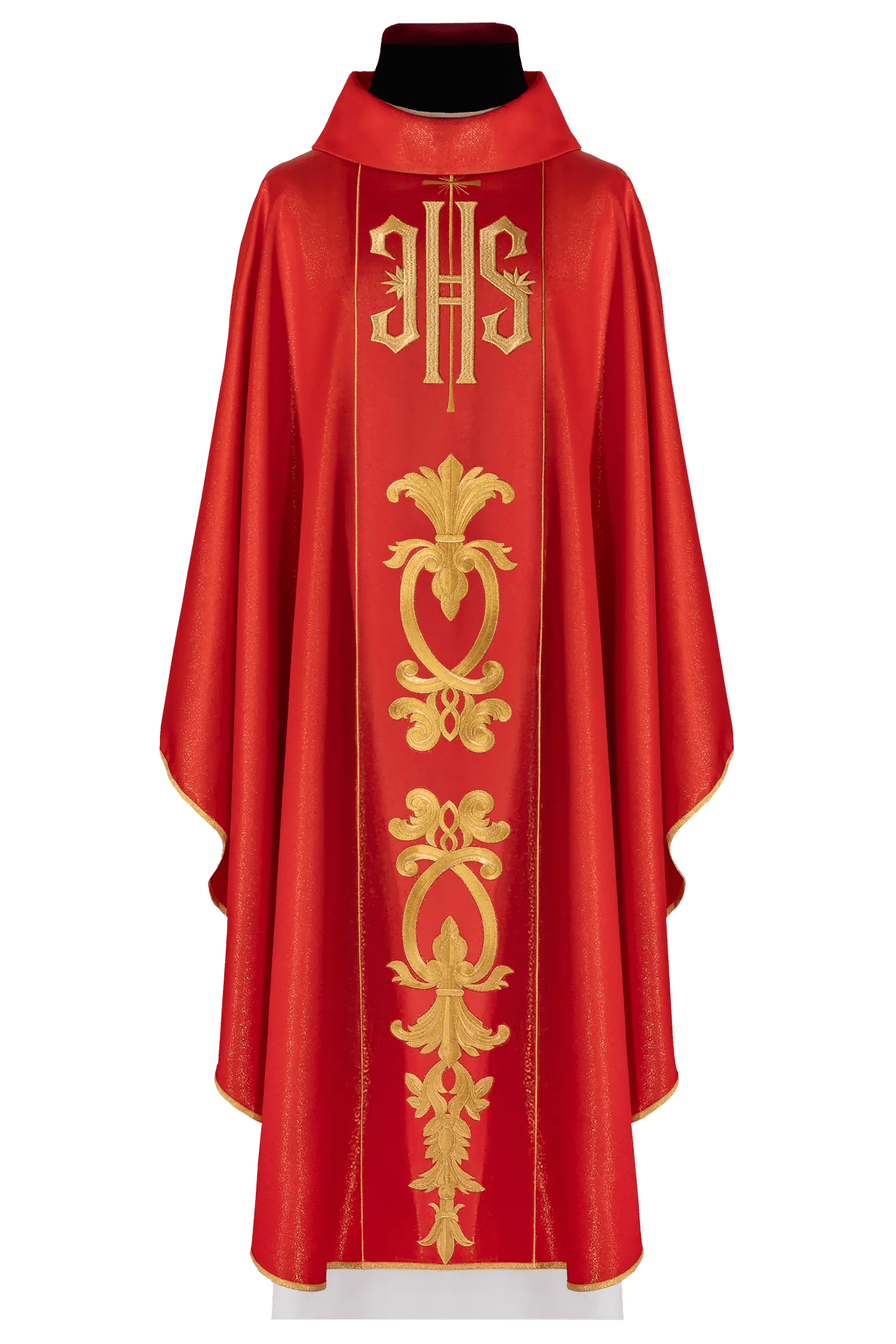Casulla roja ricamente decorada con un motivo dorado y una amplia banda IHS