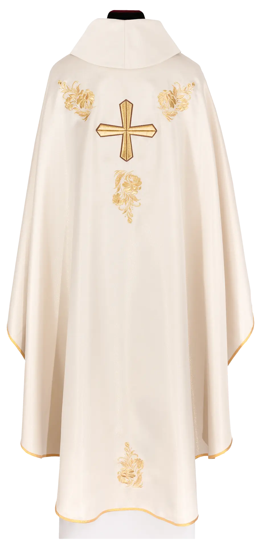 Chasuble with a richly embroidered cross and collar in ecru color