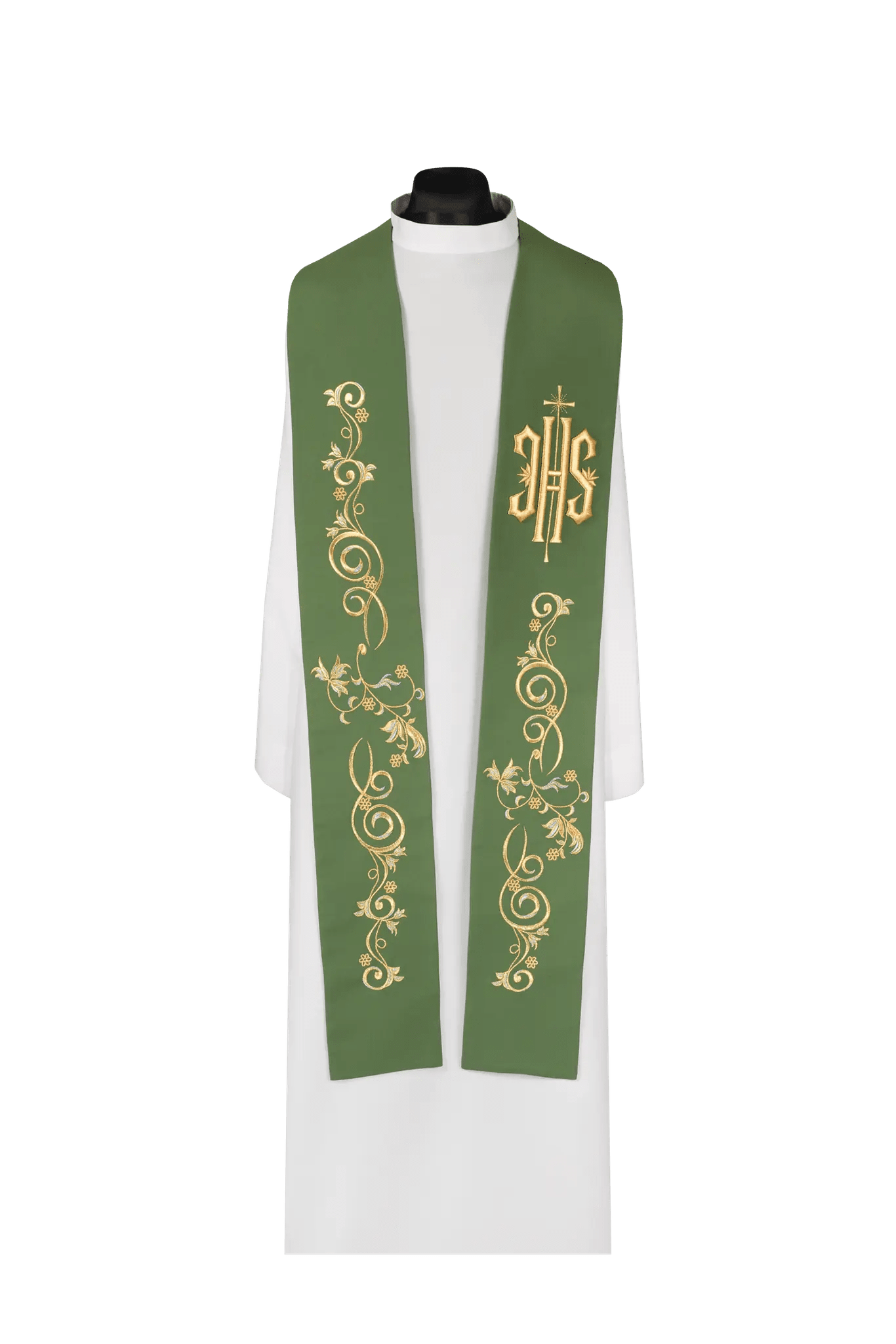 Estola de sacerdote bordada con símbolo IHS verde