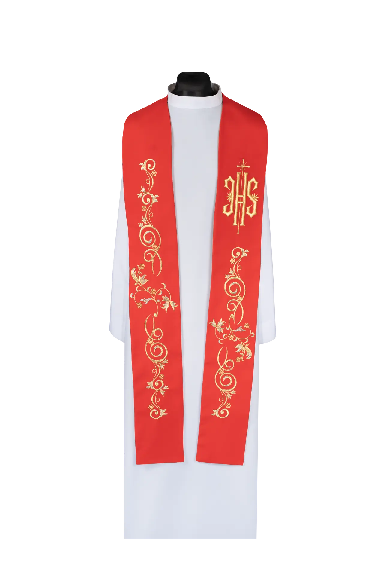 Embroidered priest stole with IHS symbol red