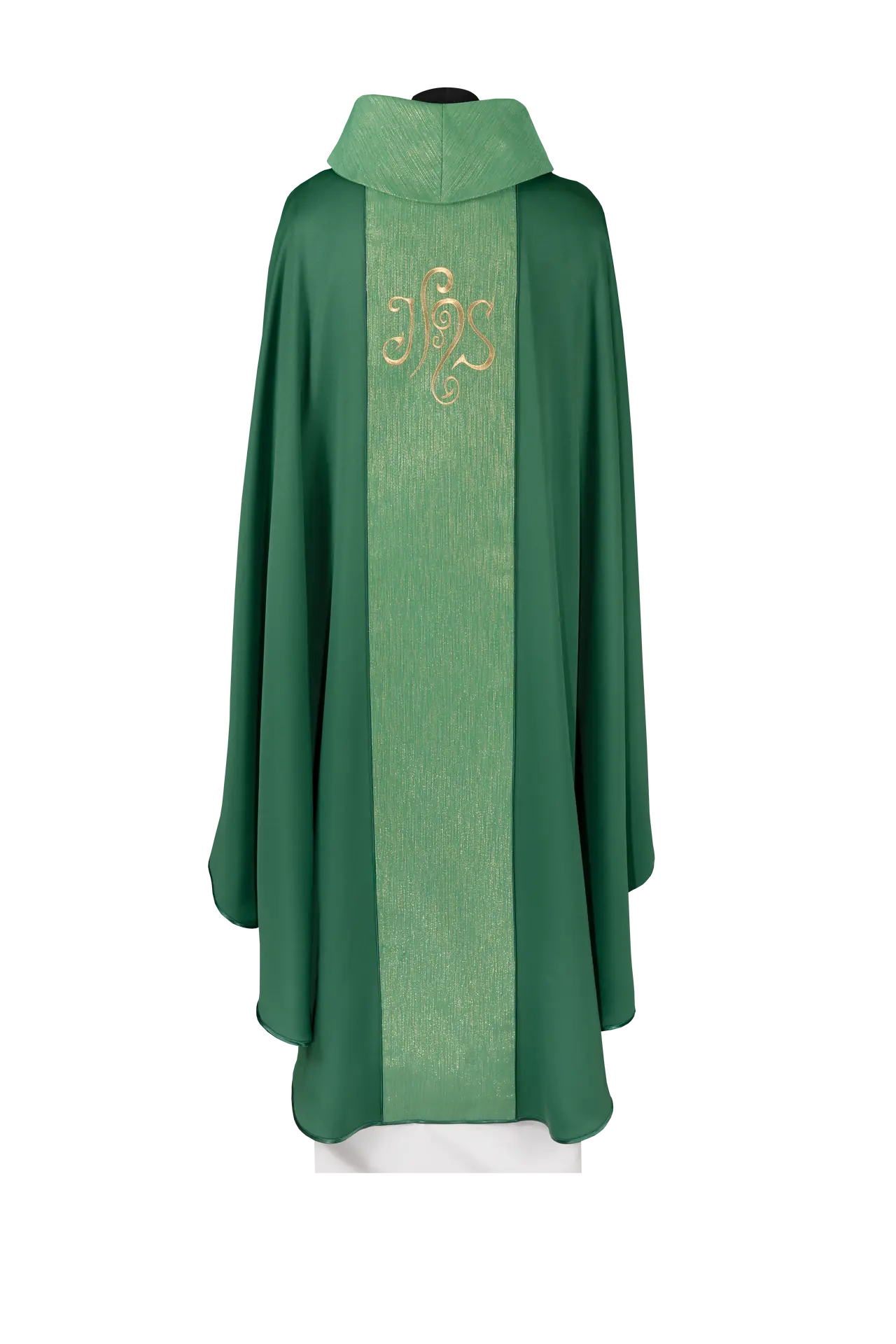 Green chasuble is decorated with a band and an embroidered IHS symbol