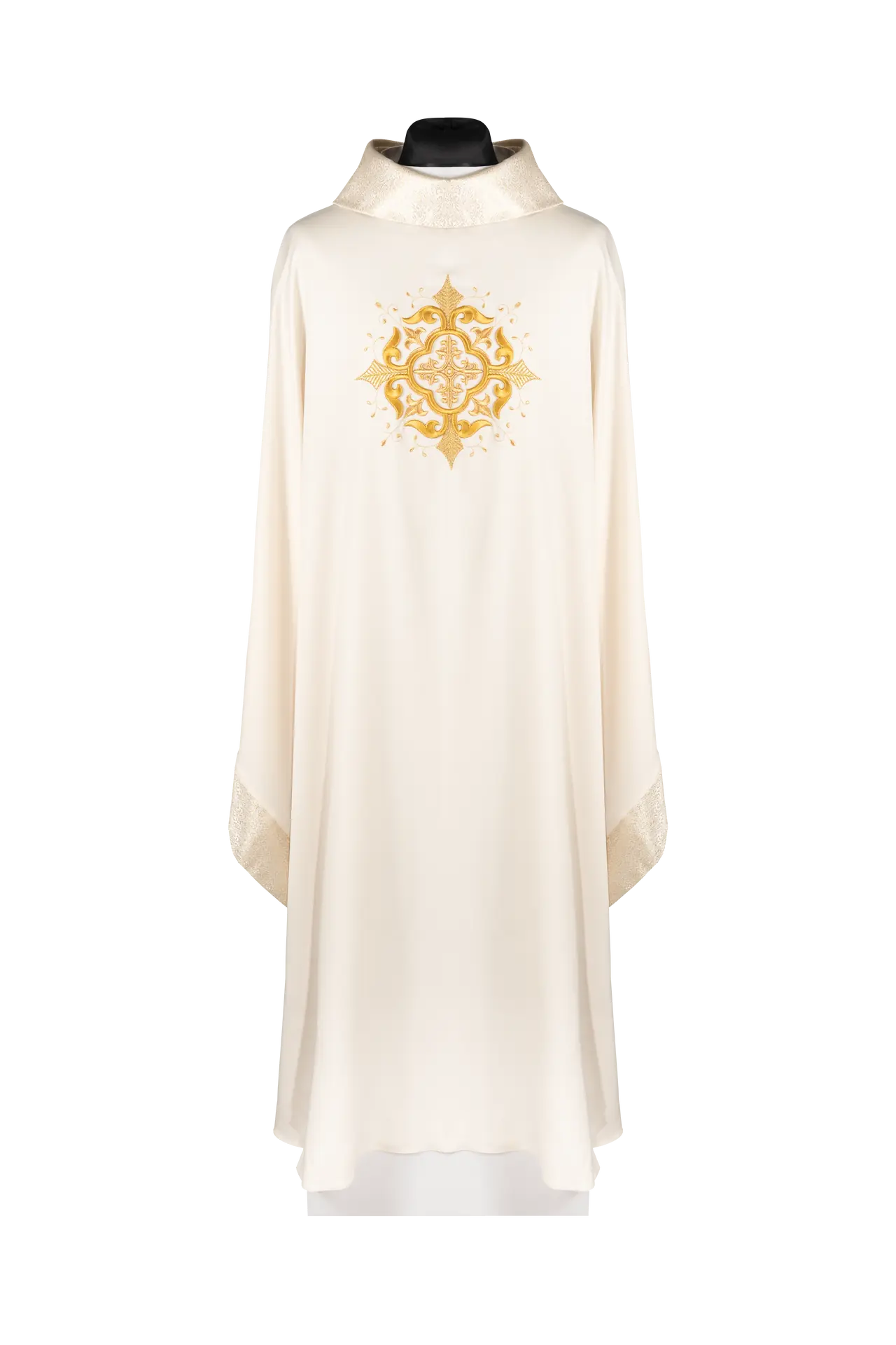 Liturgical chasuble with an embroidered cross motif and elaborate ecru trim