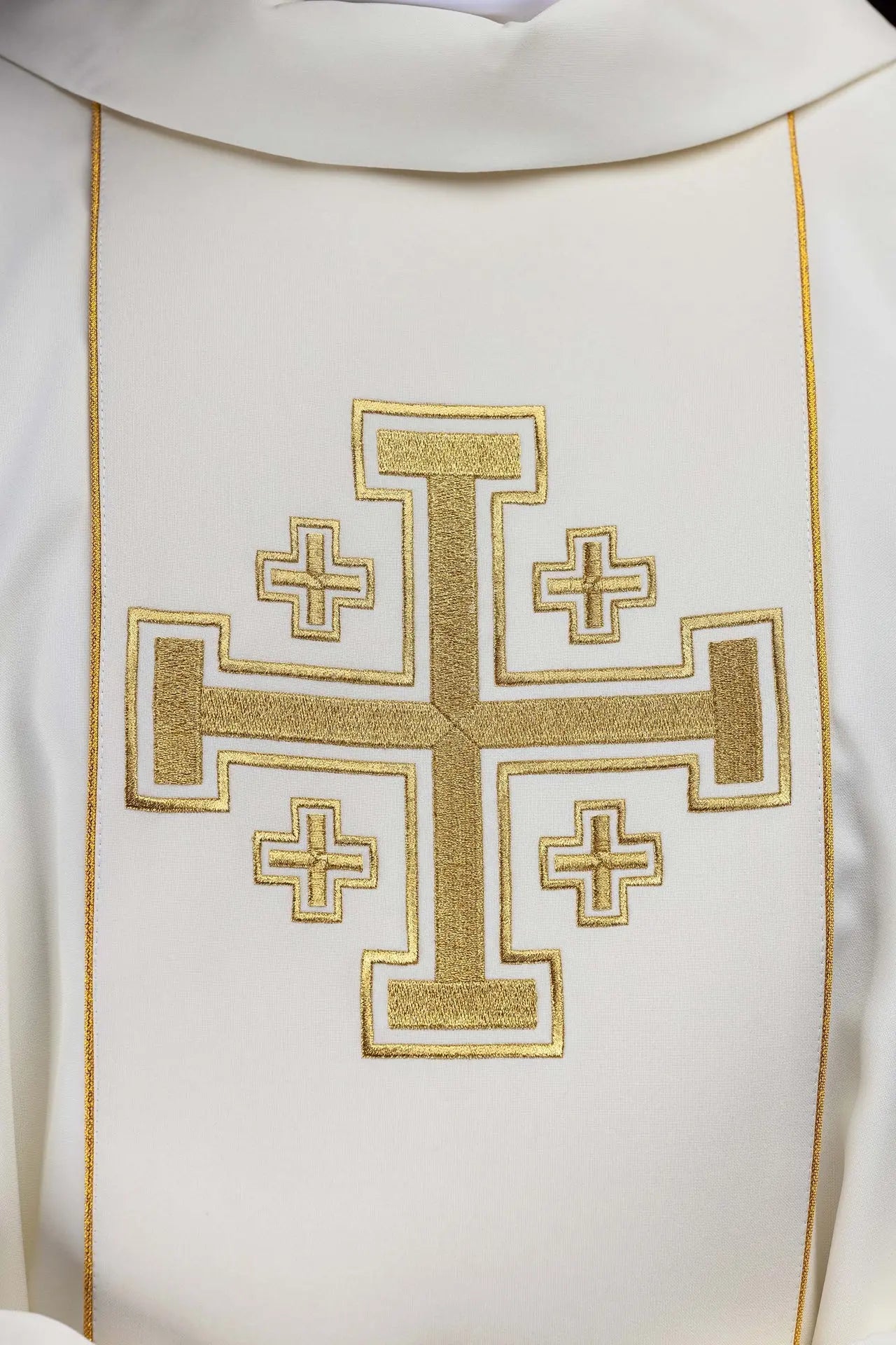 Ecru embroidered chasuble with band and Jerusalem crosses
