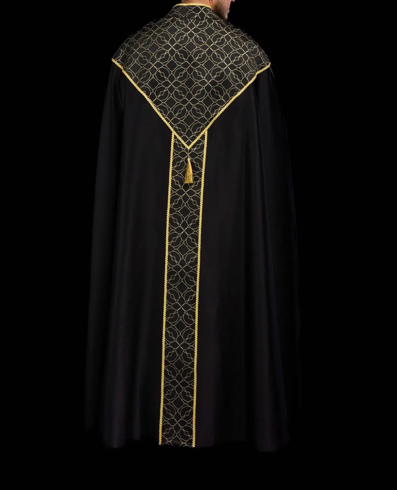 Embroidered black cope decorated with jacquard fabric