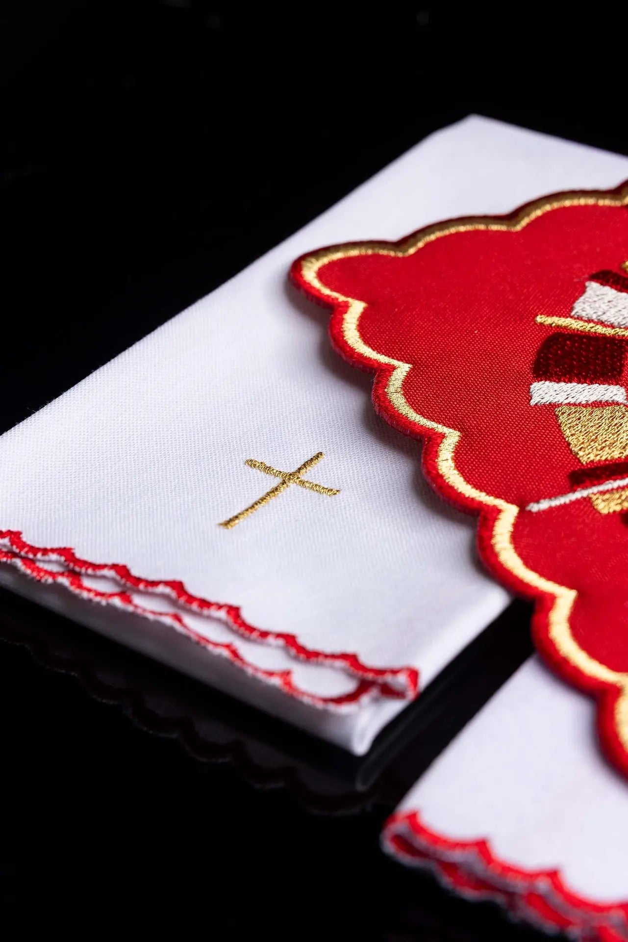 Red chalice linen with Holy Spirit embroidery