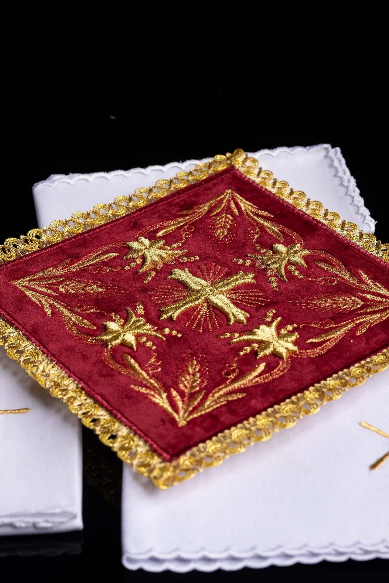 Embroidered Red Velvet Chalice Linen Set