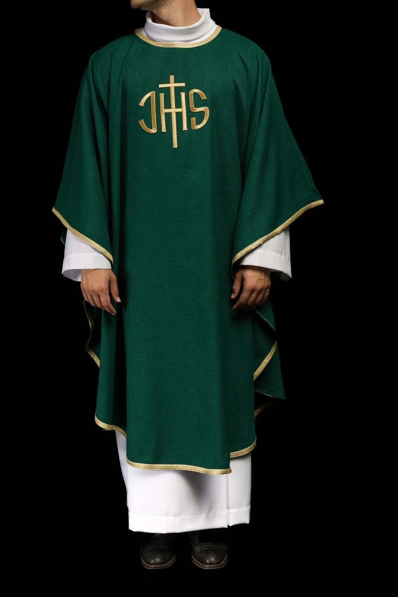 Green liturgical chasuble with a gold IHS embroidery