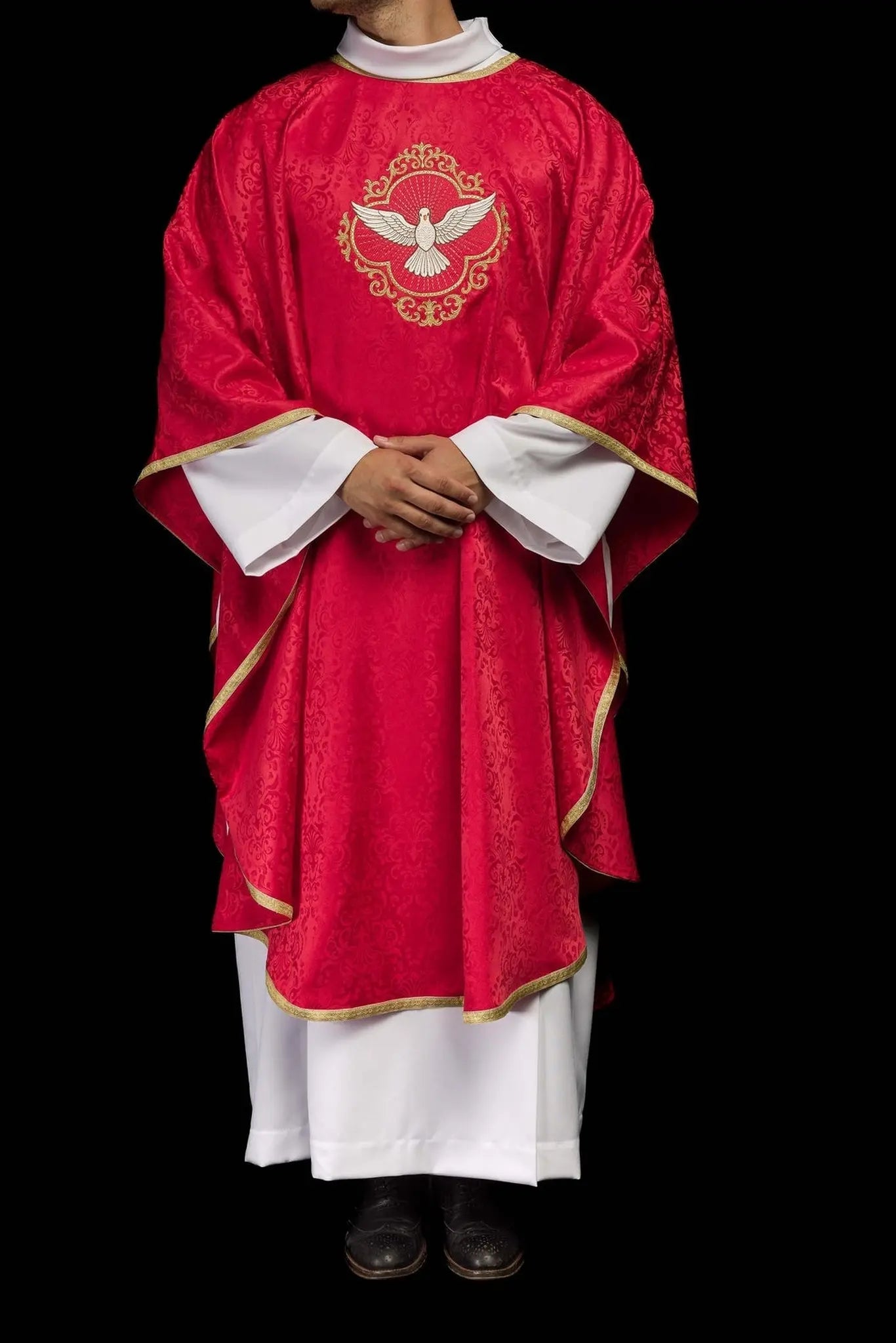 Casulla litúrgica bordada con el Espíritu Santo en tela jacquard