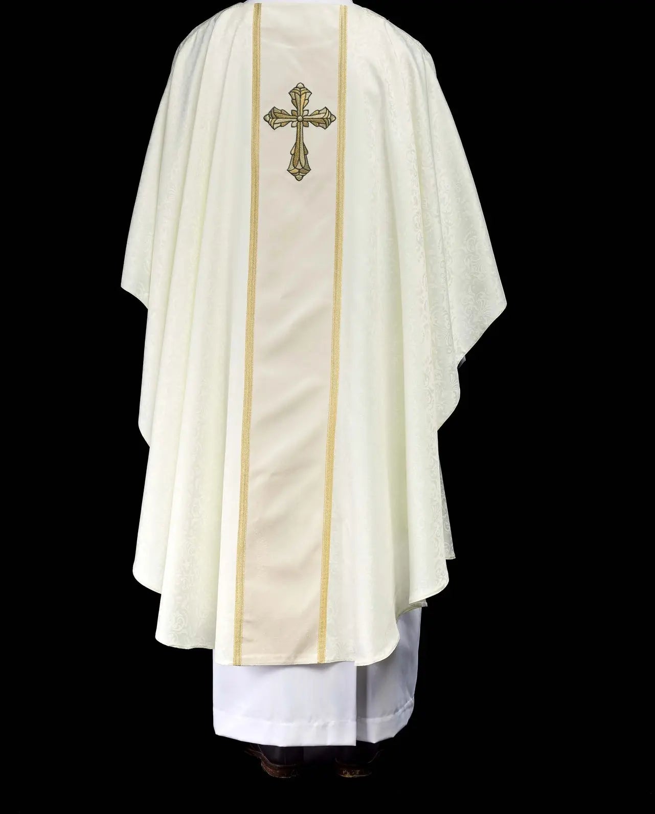 Liturgical chasuble in ecru with a central band and embroidered cross on jacquard fabric