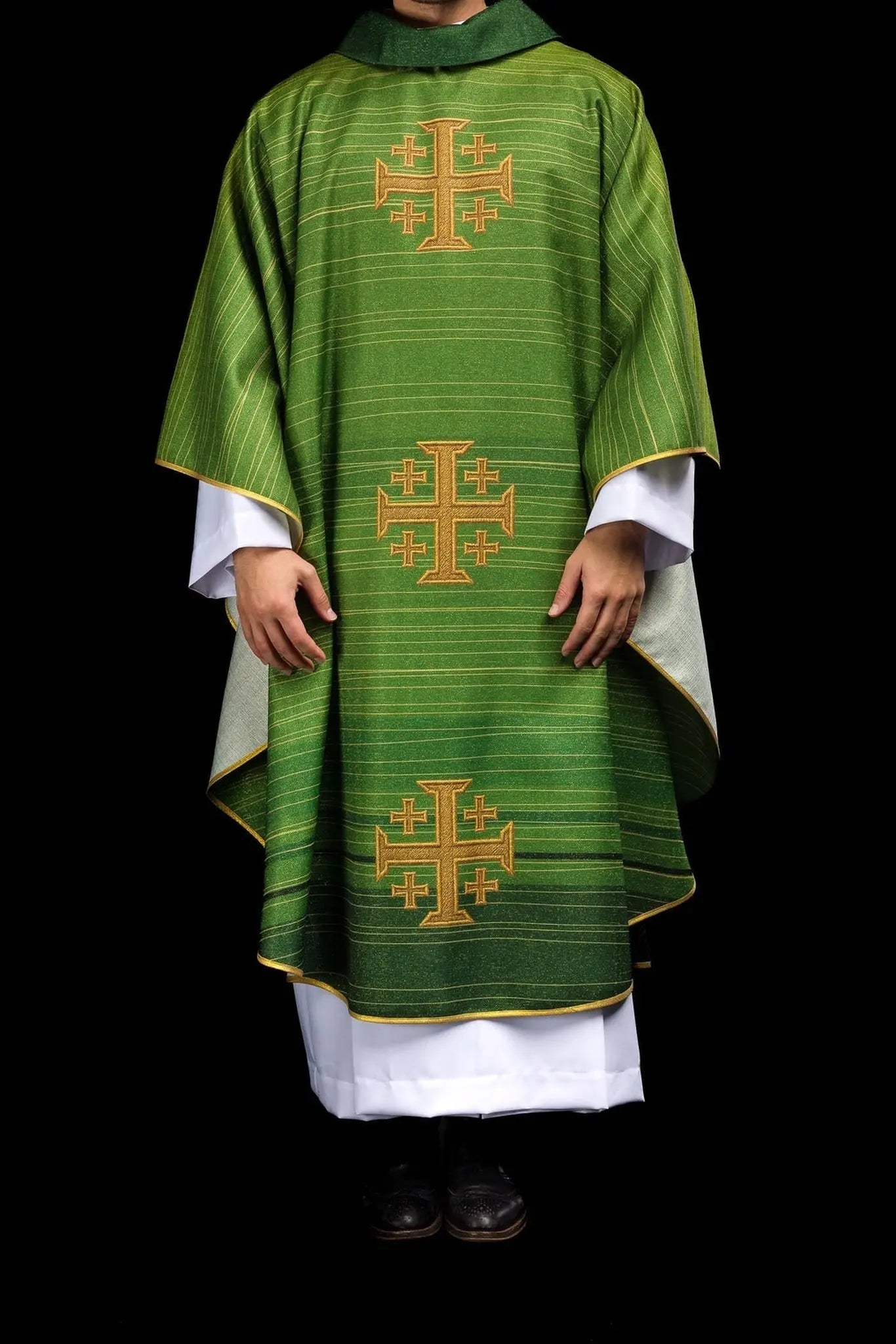 Green printed chasuble with the Jerusalem Cross
