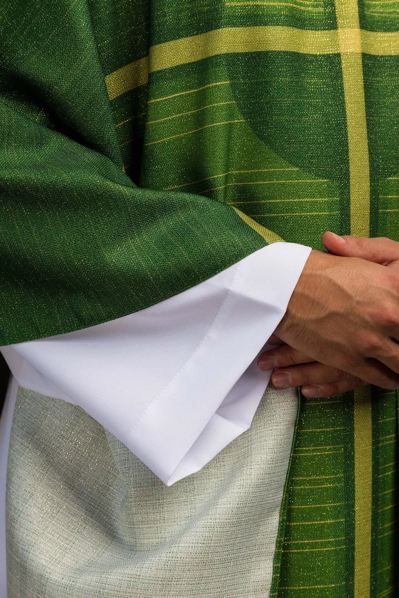 Green printed chasuble with a cross motif