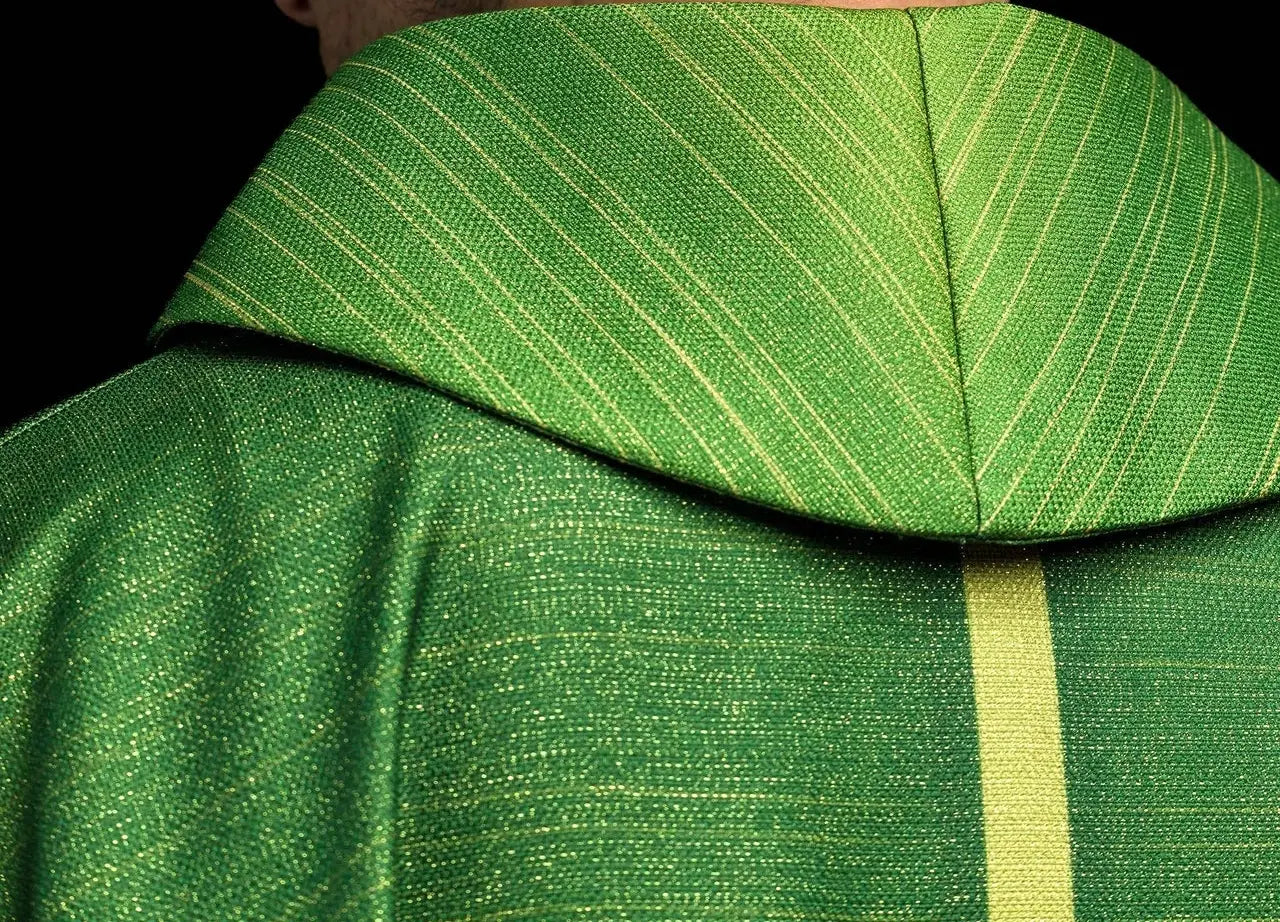 Green printed chasuble with a cross motif