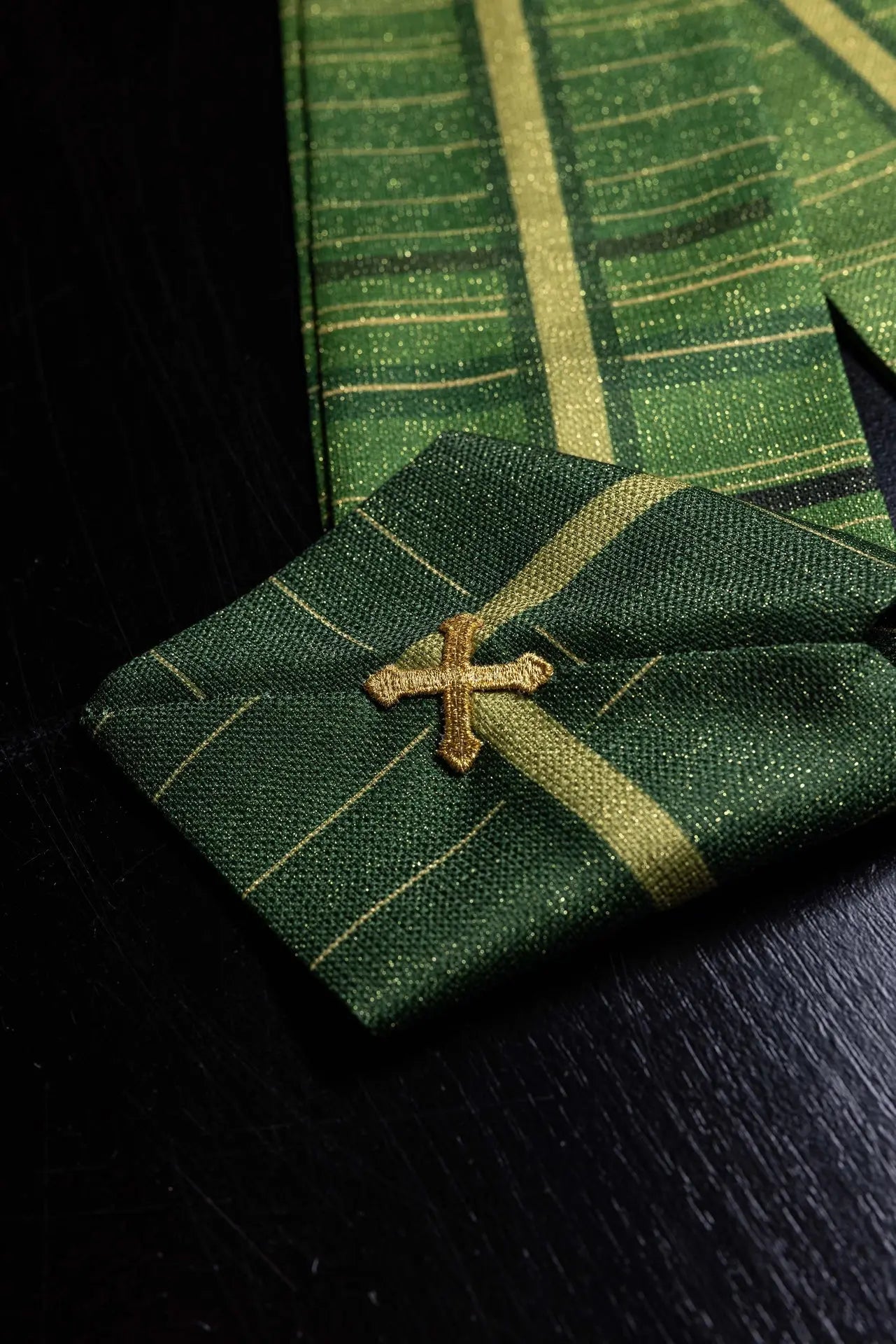 Green printed chasuble with a cross motif