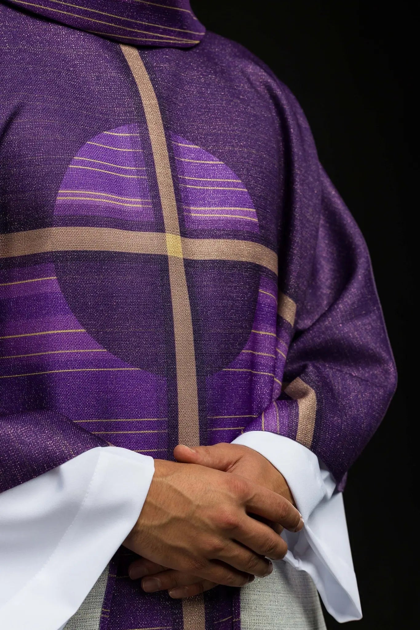 Purple printed chasuble with a cross motif