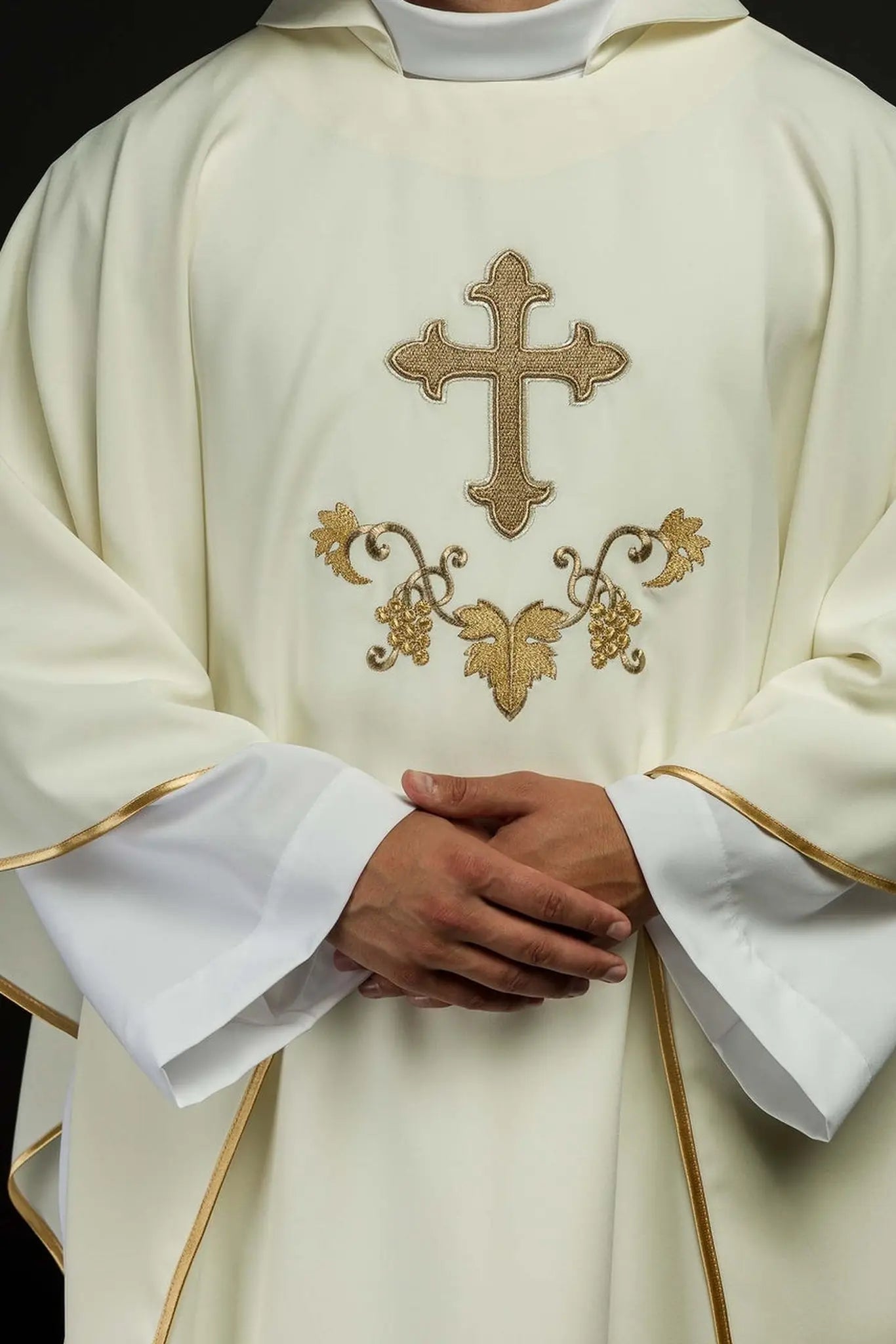 Ecru Embroidered Chasuble with Cross Motif and Wide Collar