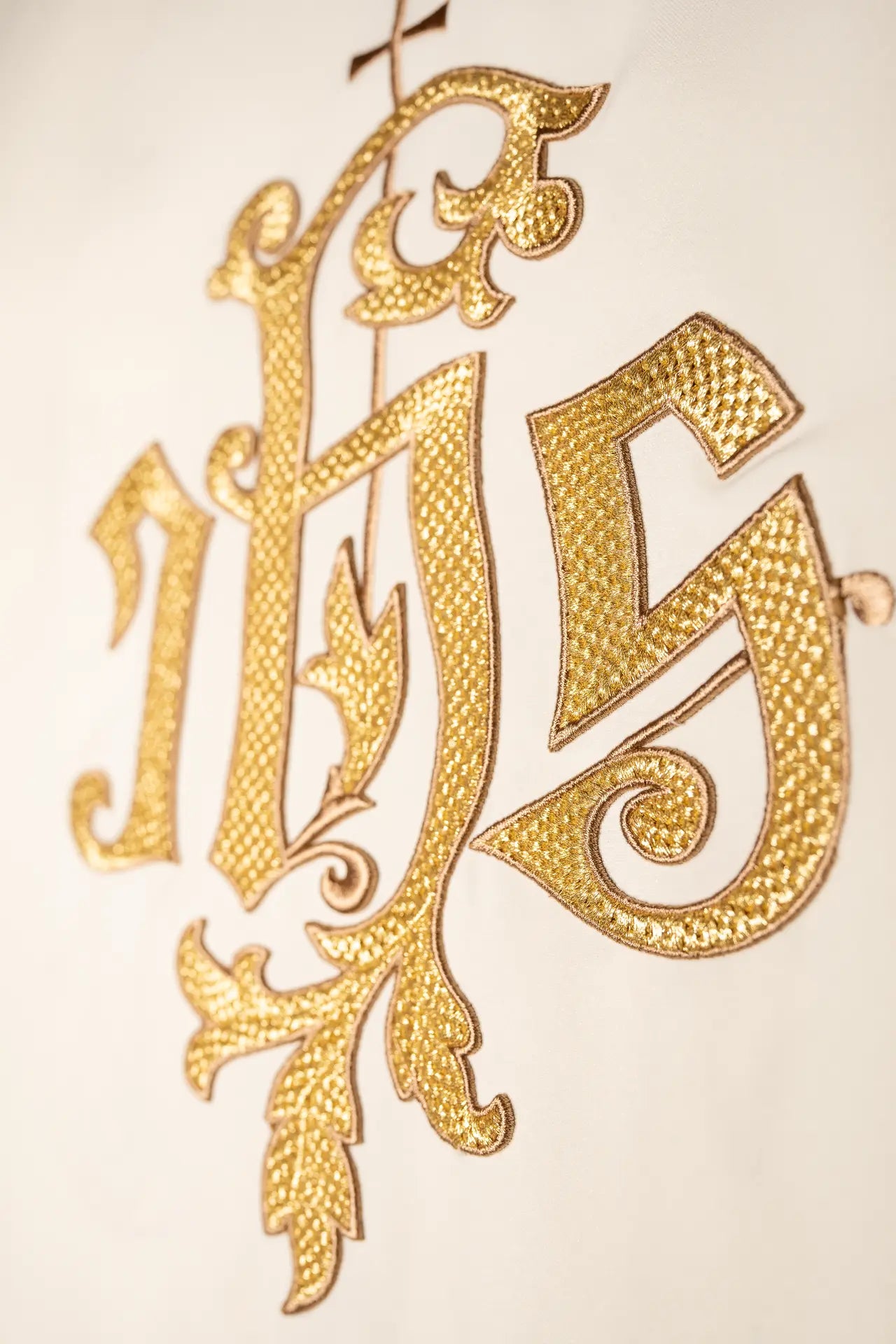 Ecru chasuble with gold IHS embroidery
