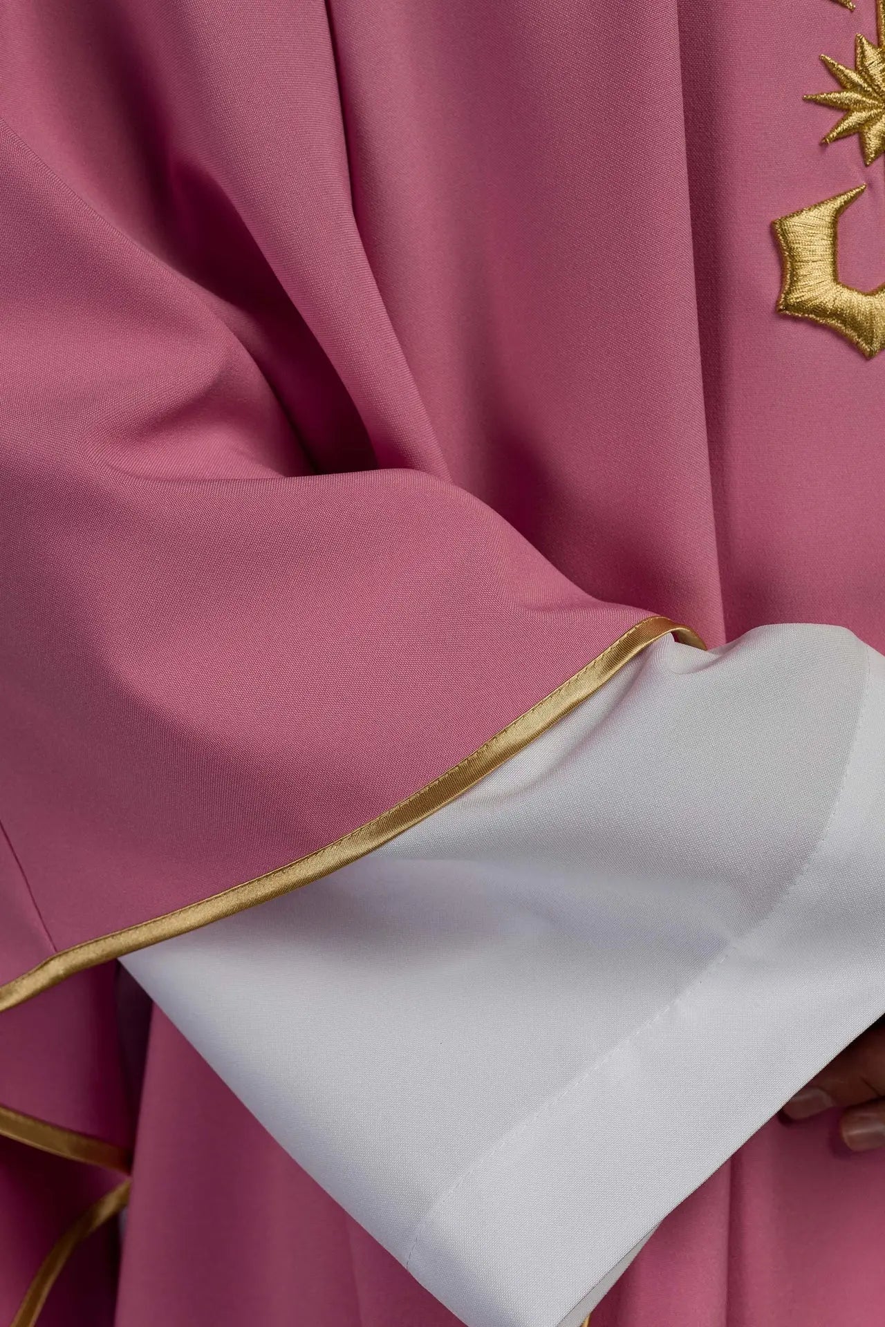 Embroidered chasuble with IHS design in pink