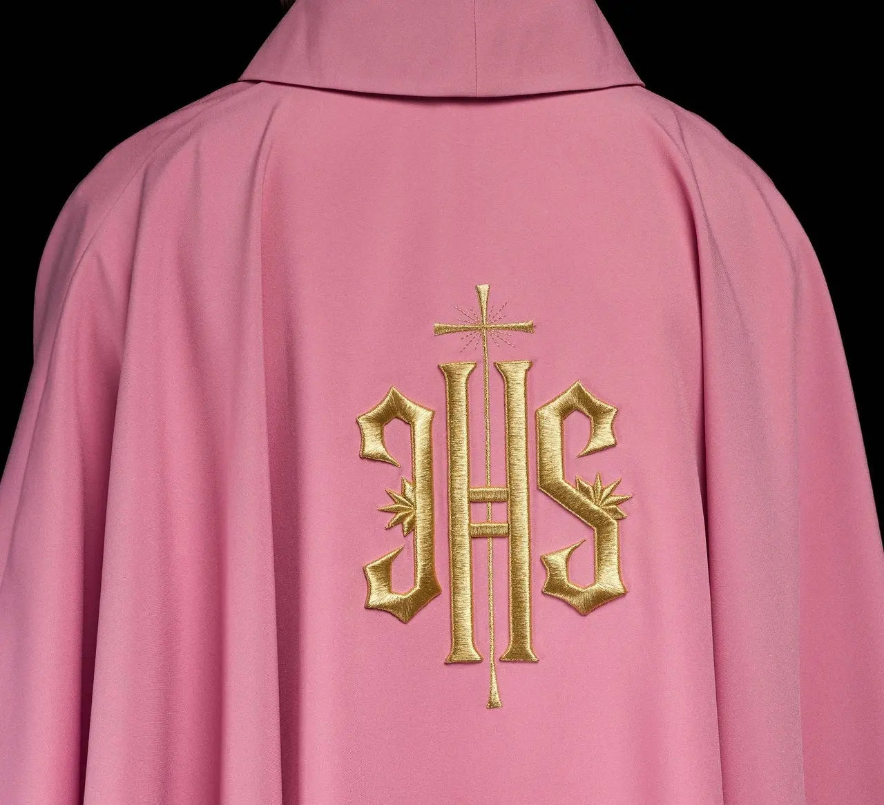 Embroidered chasuble with IHS design in pink