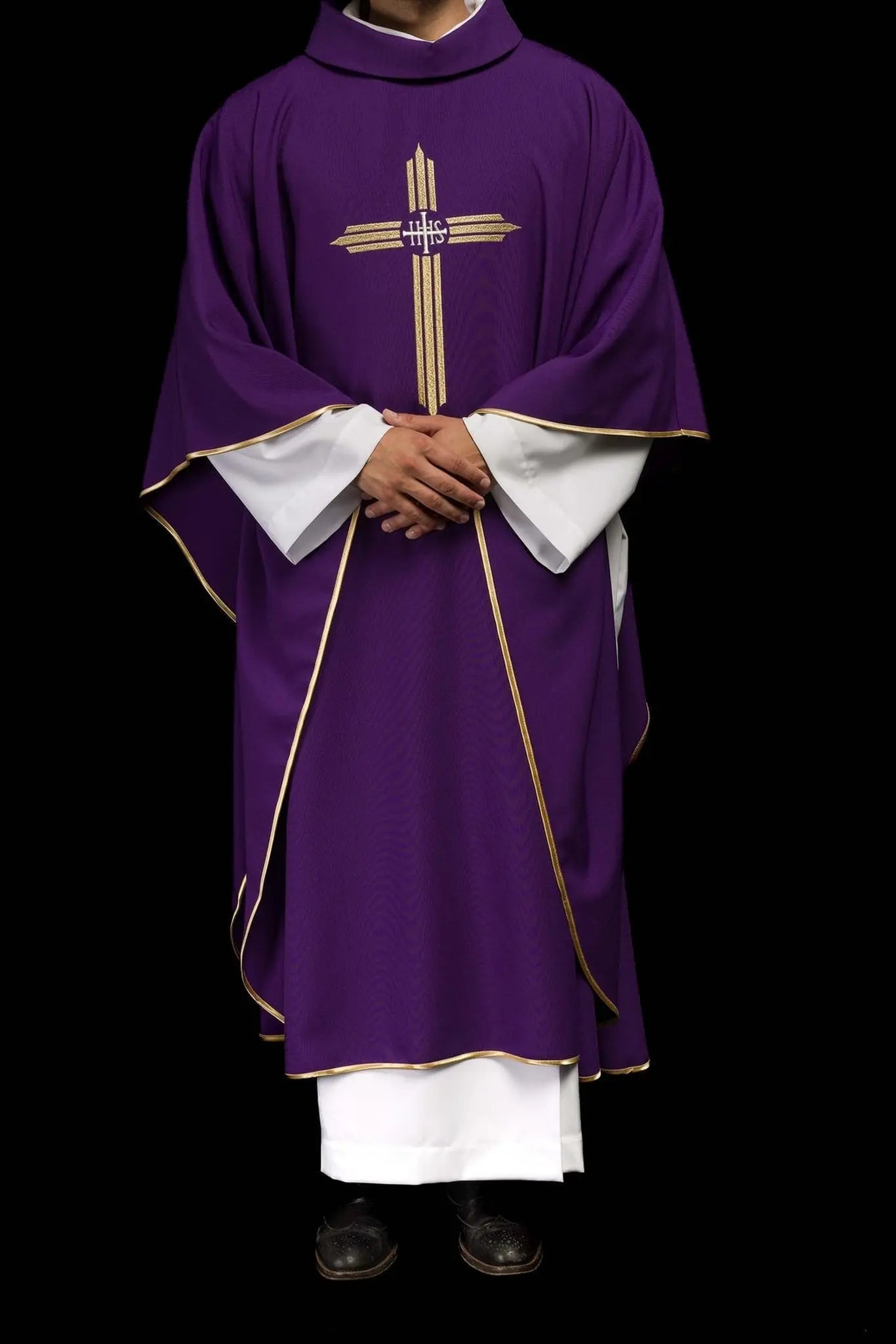 Purple embroidered chasuble with IHS Cross