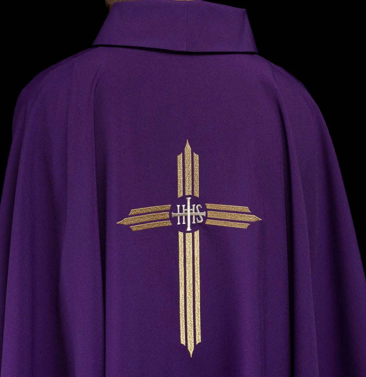 Purple embroidered chasuble with IHS Cross