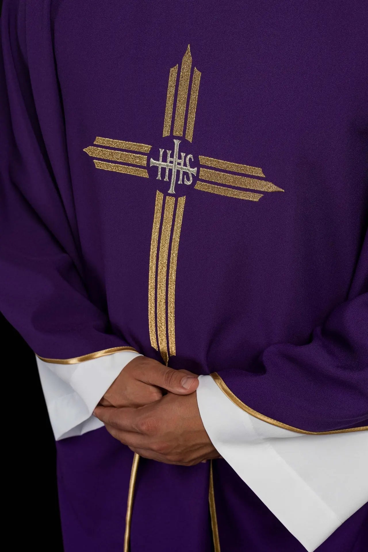 Purple embroidered chasuble with IHS Cross