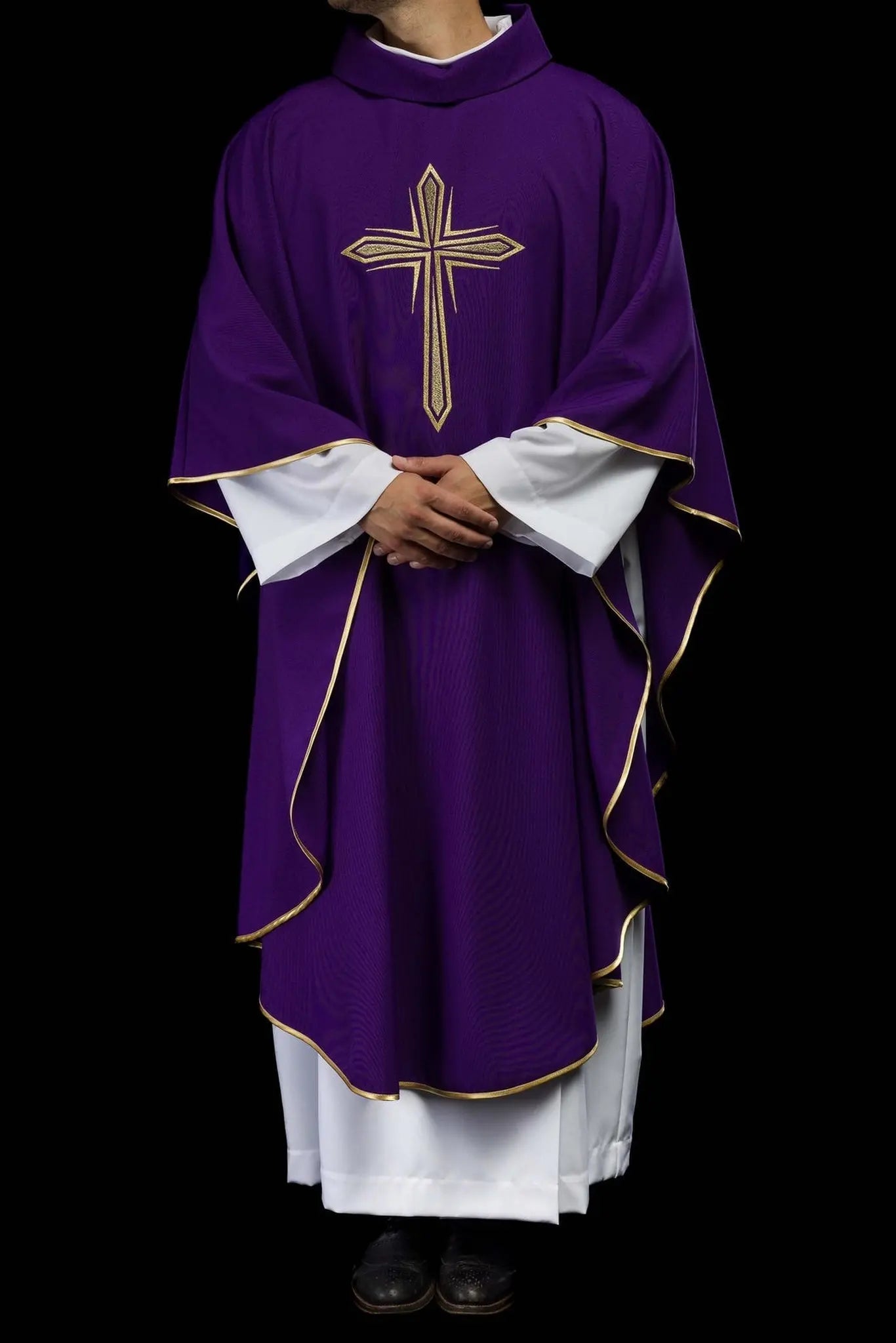Purple chasuble with embroidery of the cross and gold piping