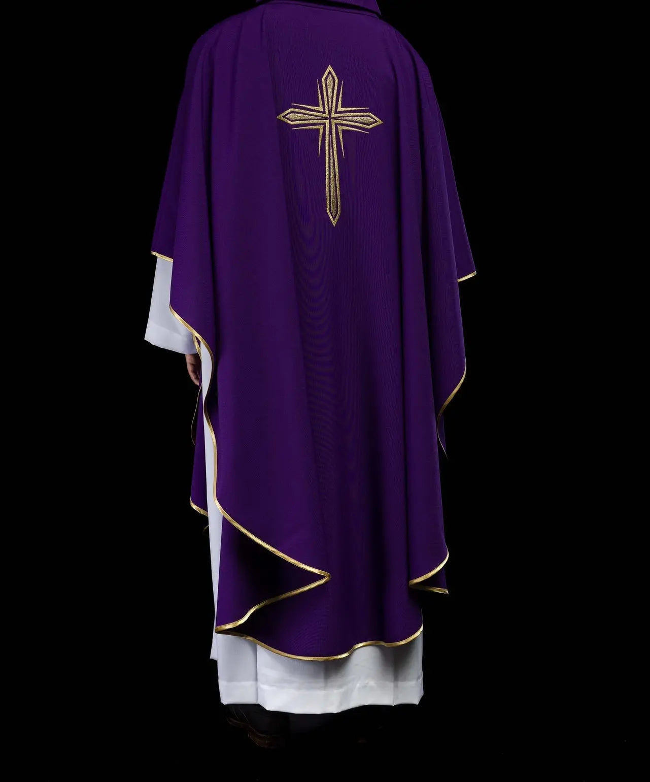 Purple chasuble with embroidery of the cross and gold piping