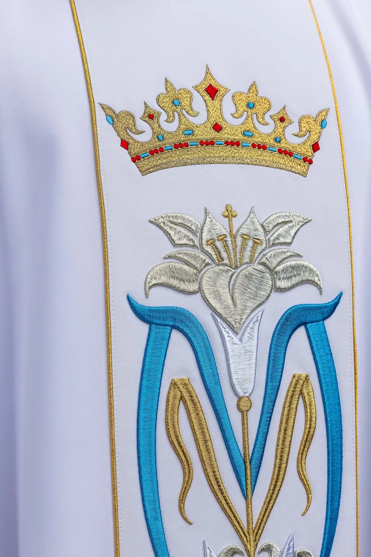White Marian Chasuble with Crown Embroidery