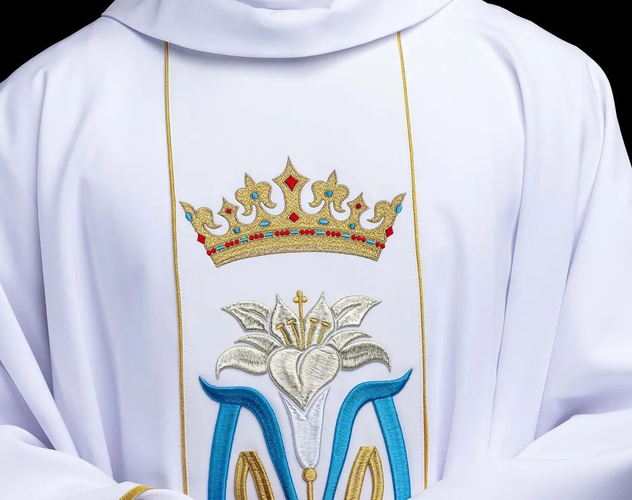 White Marian Chasuble with Crown Embroidery