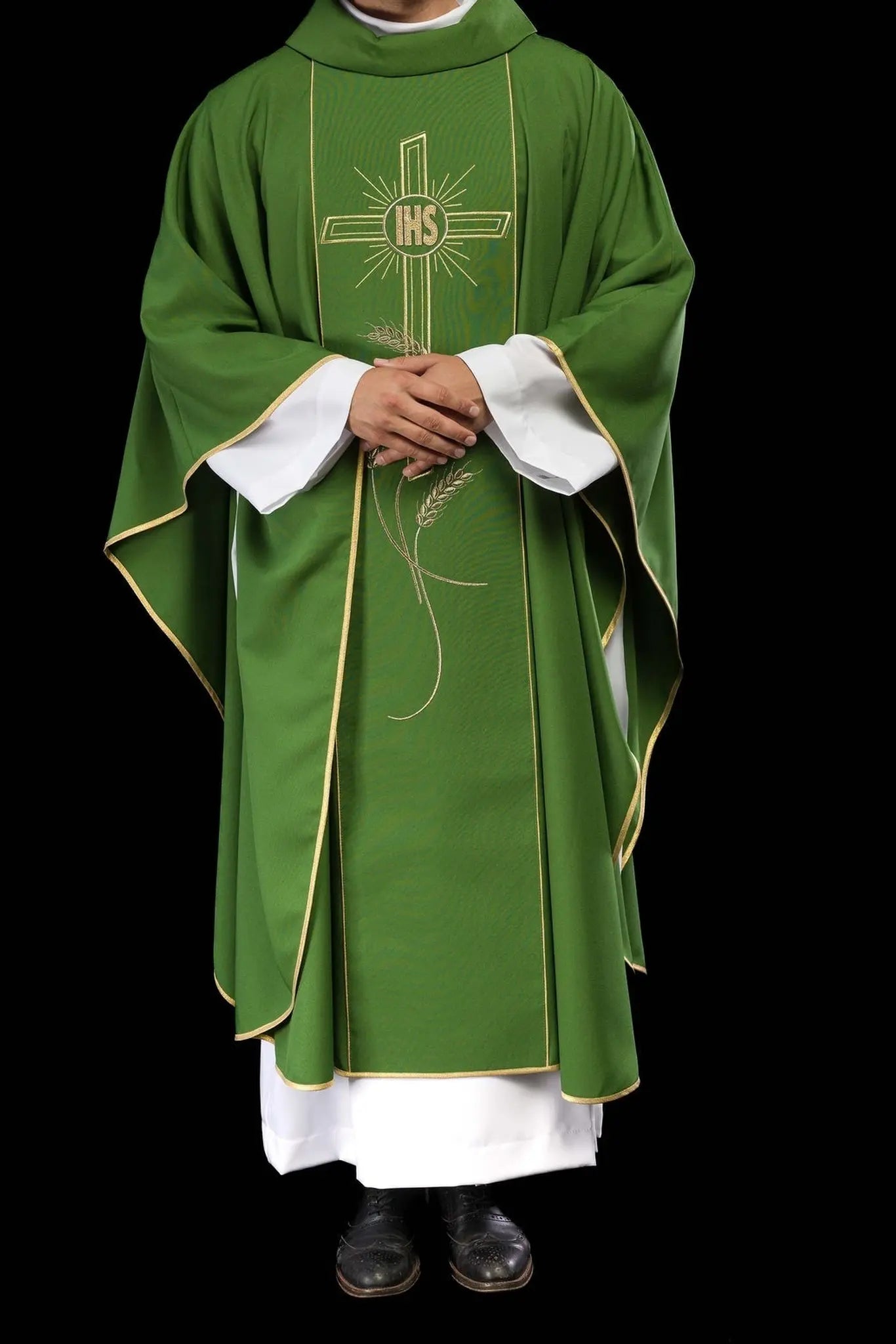 Green chasuble with wide embroidered gold stripe IHS cross