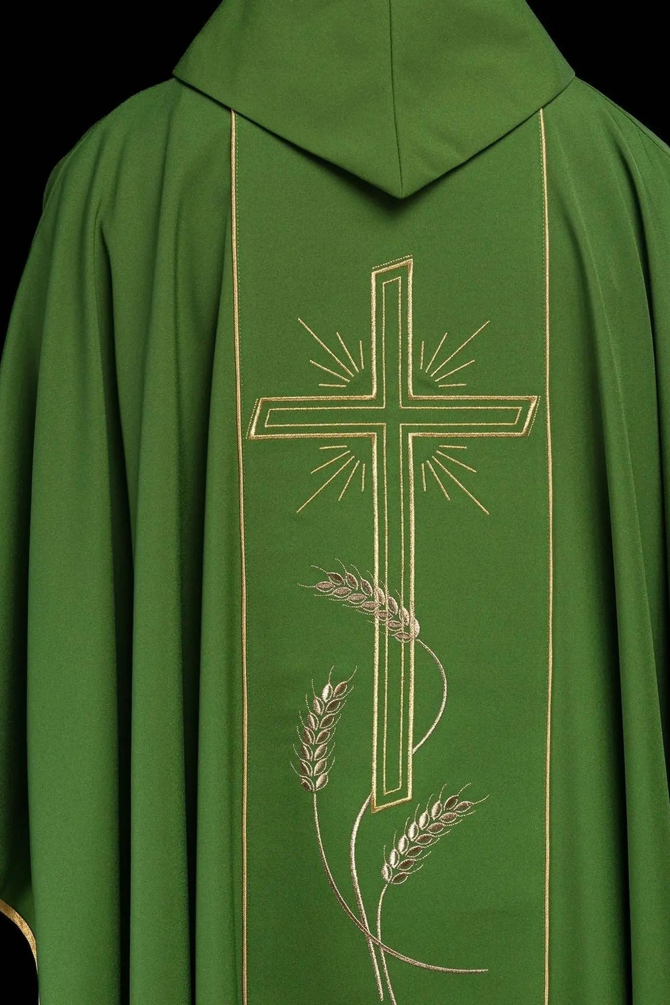 Green chasuble with wide embroidered gold stripe IHS cross