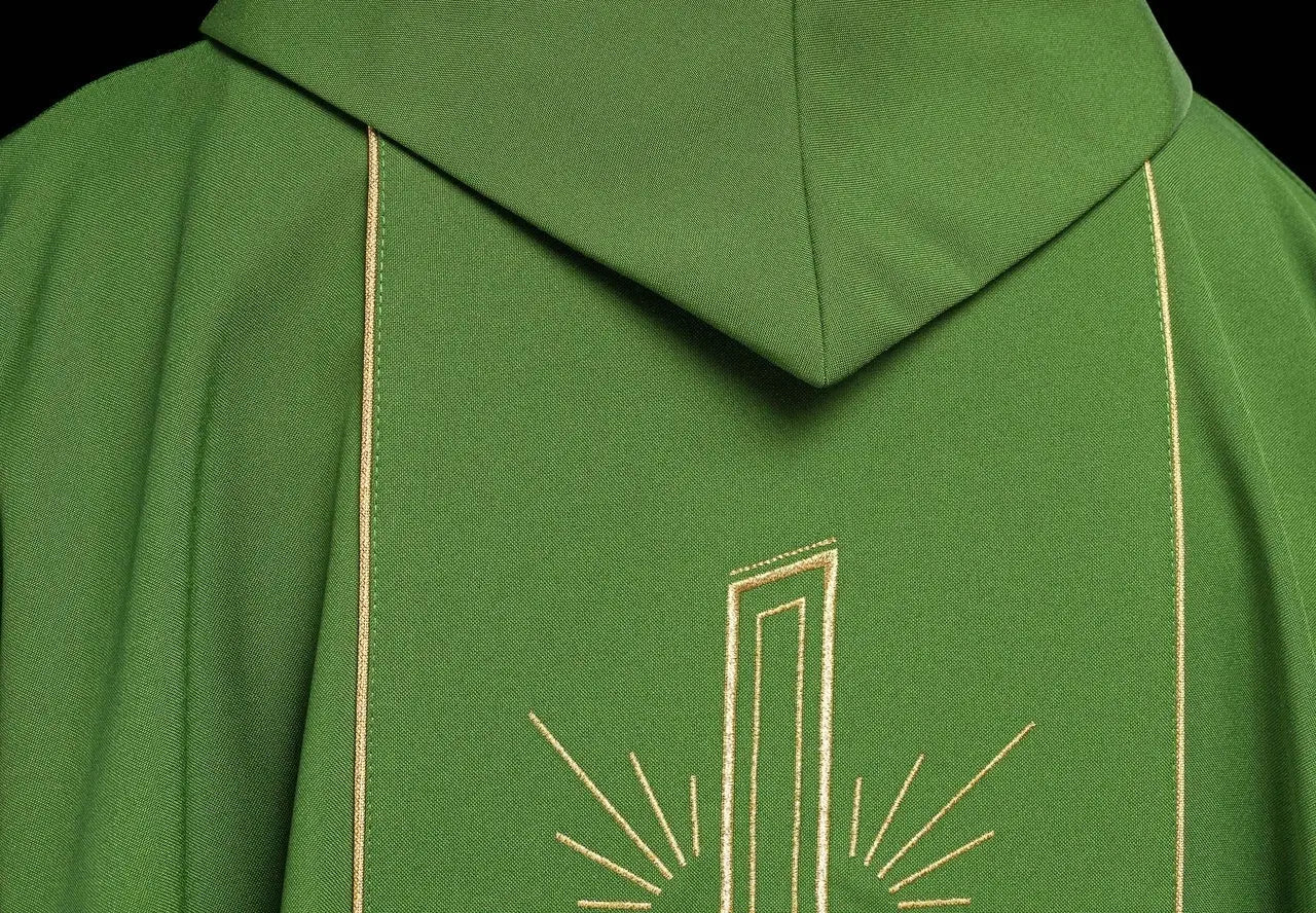 Green chasuble with wide embroidered gold stripe IHS cross