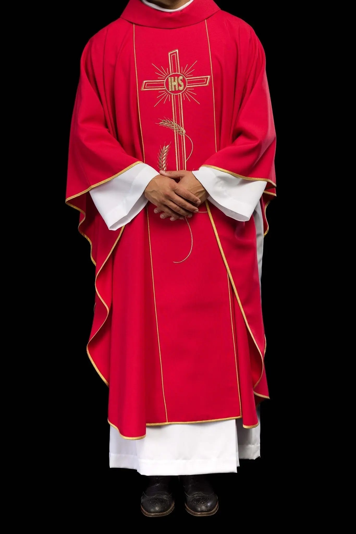 Red chasuble with wide embroidered gold stripe IHS cross