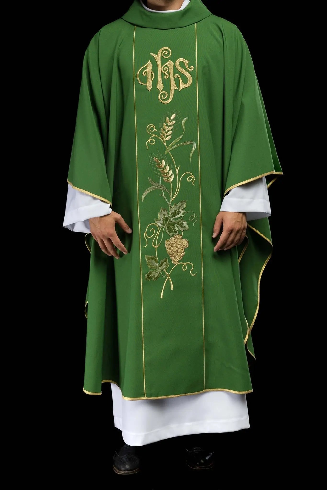 Green chasuble on belt with IHS embroidery, ears and grapes