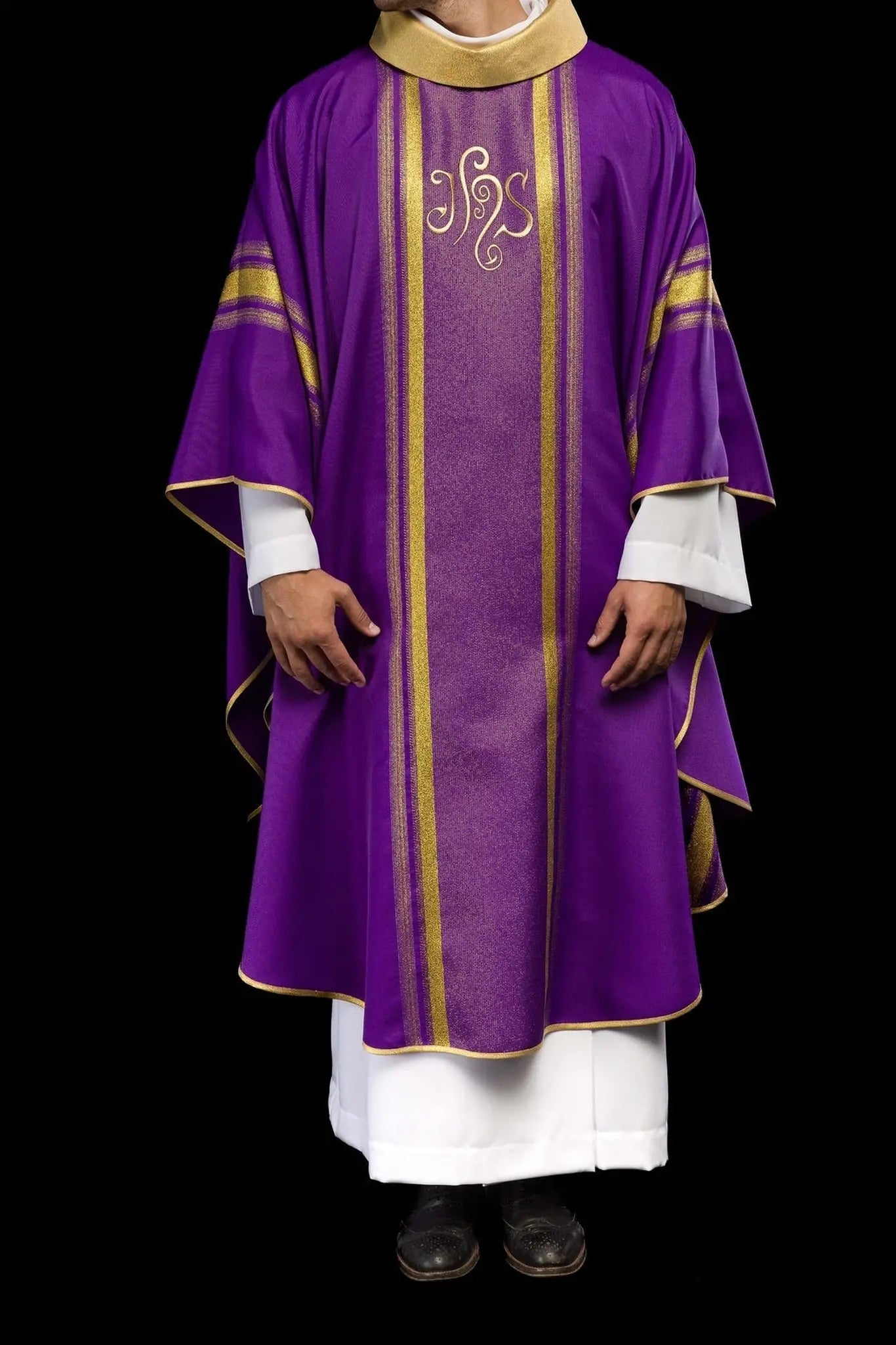 Purple embroidered chasuble with IHS design with gilding