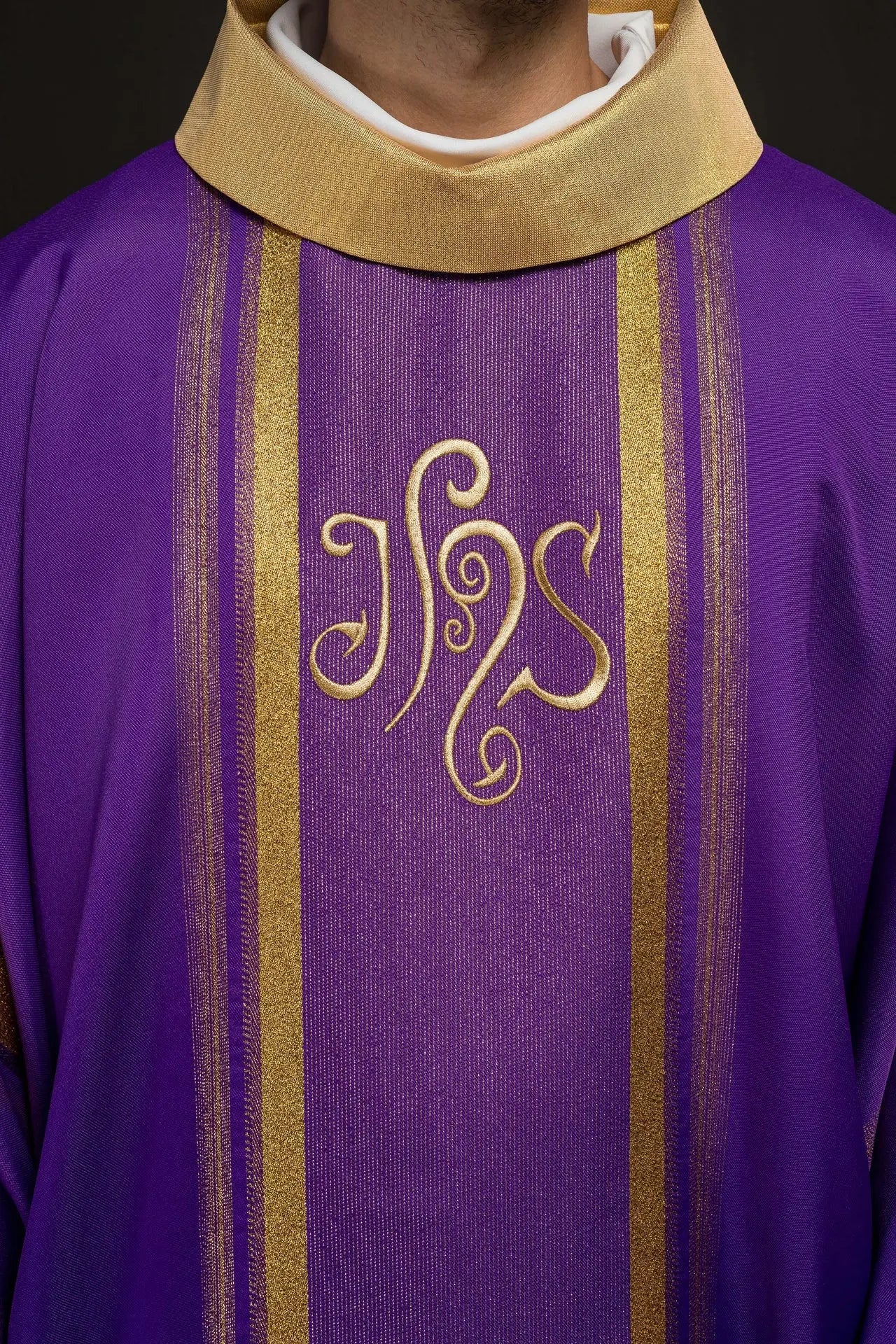 Purple embroidered chasuble with IHS design with gilding