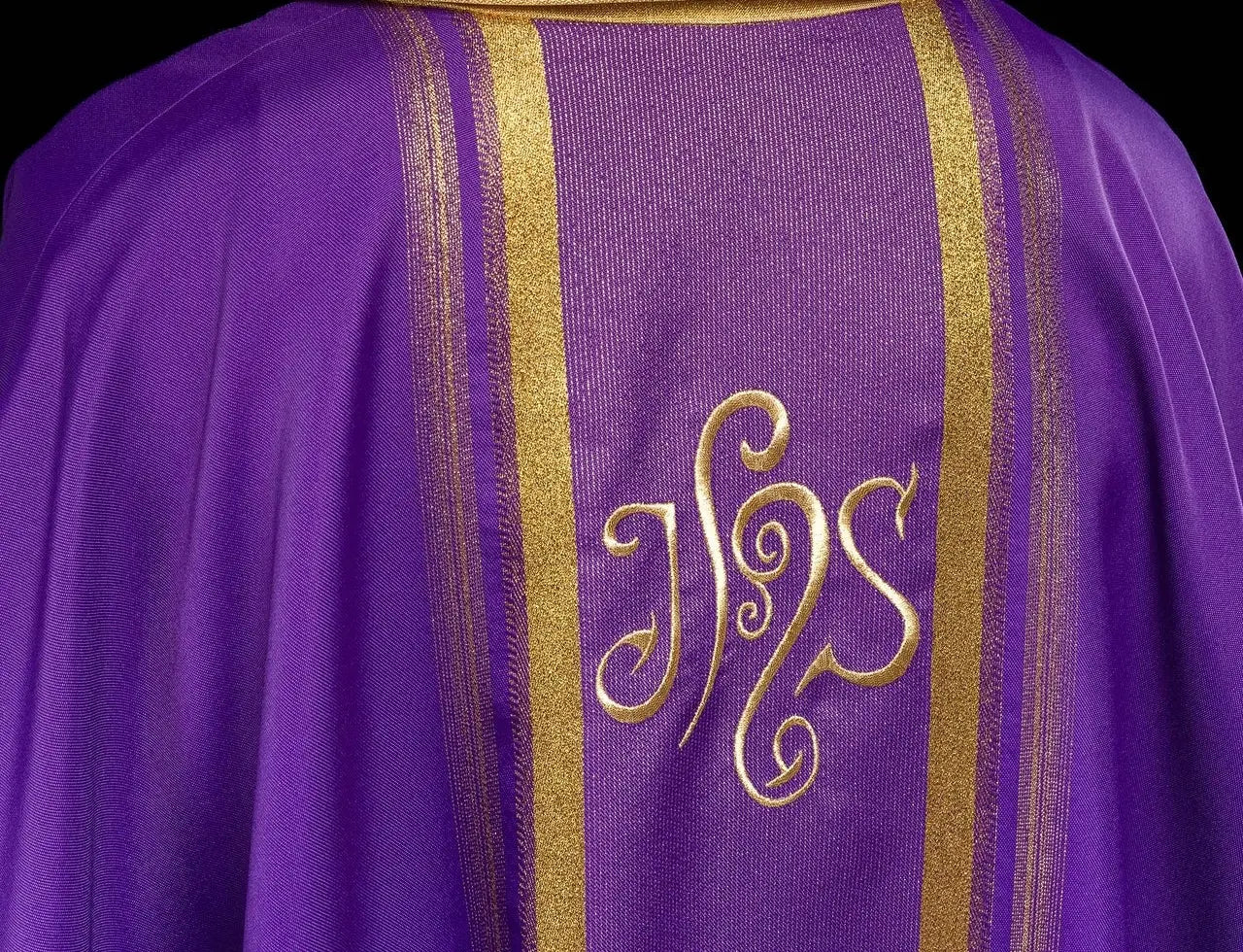 Purple embroidered chasuble with IHS design with gilding
