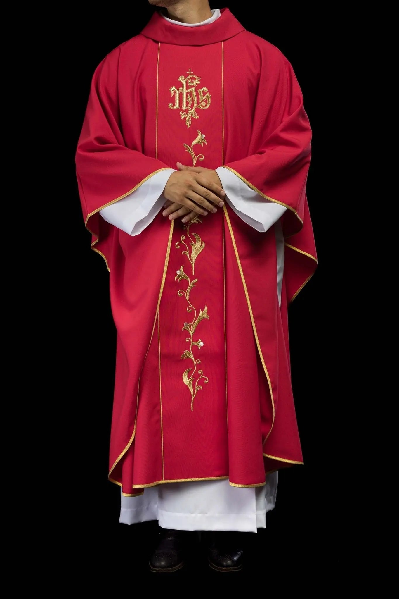 Red IHS embroidered chasuble with ornaments
